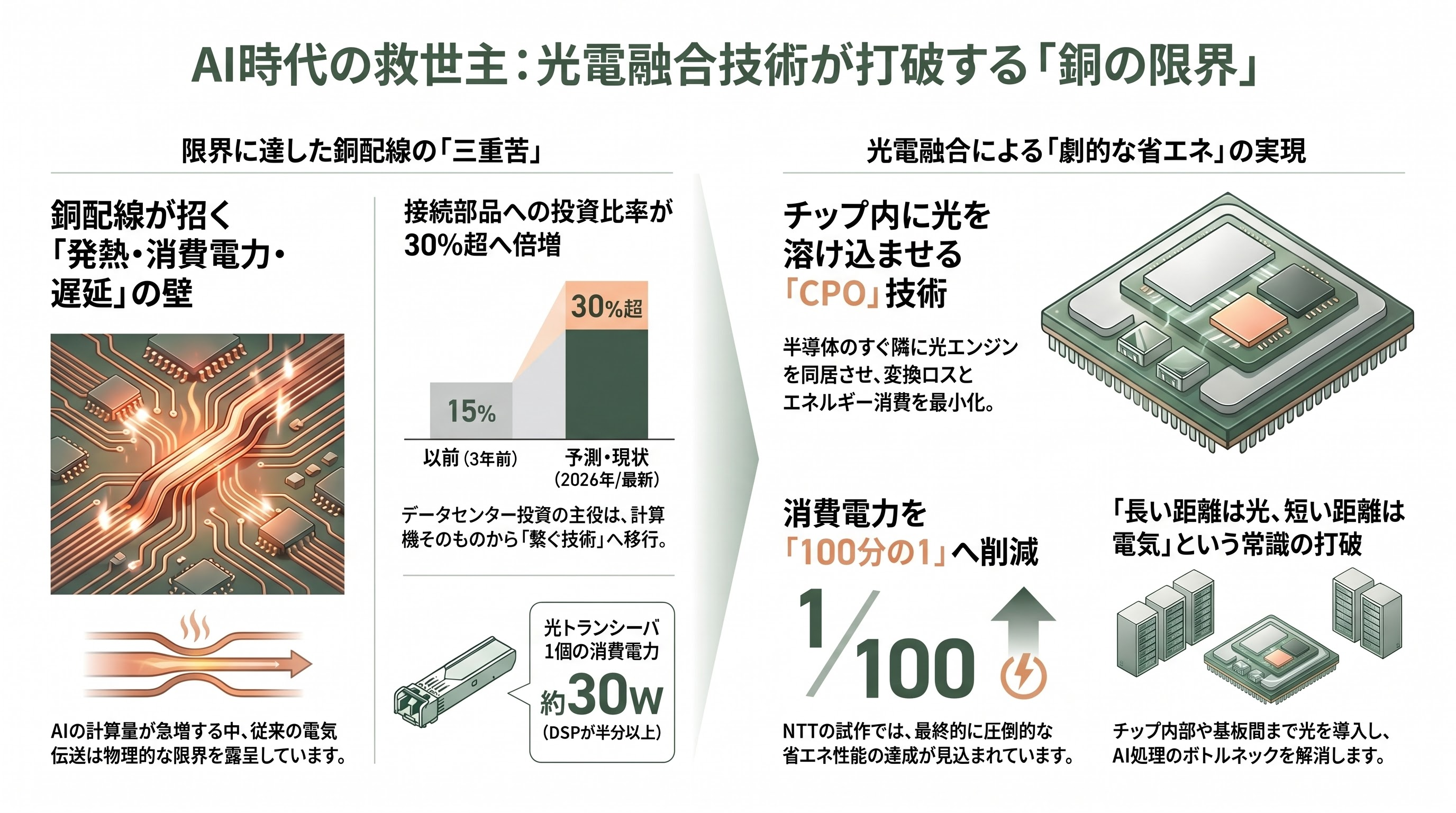 経済安全保障の最重要項目、光電融合。NTTのIOWN（アイオン）構想、Rapidus、住友電気工業、古河、ヒロセ、日本航空電子工業、ディスコ、アドバンテスト - 光電融合とは何か――「銅の限界」をAIが突きつけた - 章扉