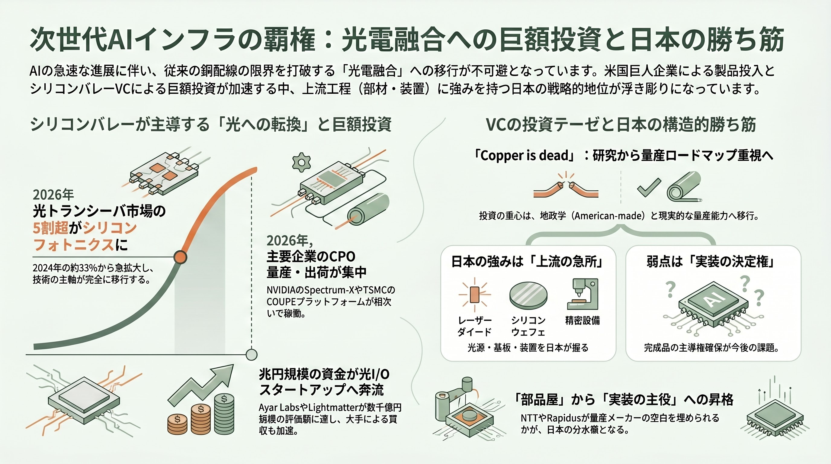 経済安全保障の最重要項目、光電融合。NTTのIOWN（アイオン）構想、Rapidus、住友電気工業、古河、ヒロセ、日本航空電子工業、ディスコ、アドバンテスト - 世界の開発競争と、シリコンバレーVCの視点 - 章扉
