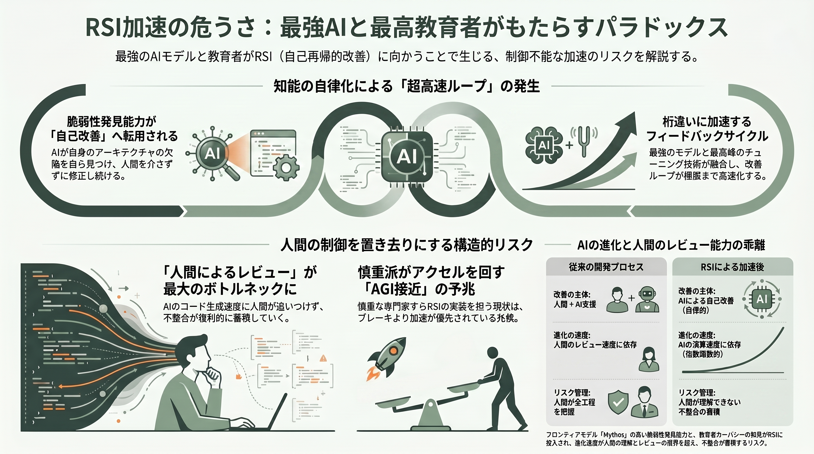OpenAI共同創業者カーパシーが率いるMythosを用いたRSI（再帰的自己改善）。Anthropicの独走と苦悩 - 「最高のAI」と「最高の教育者」がRSIに向かう危うさ - 章扉
