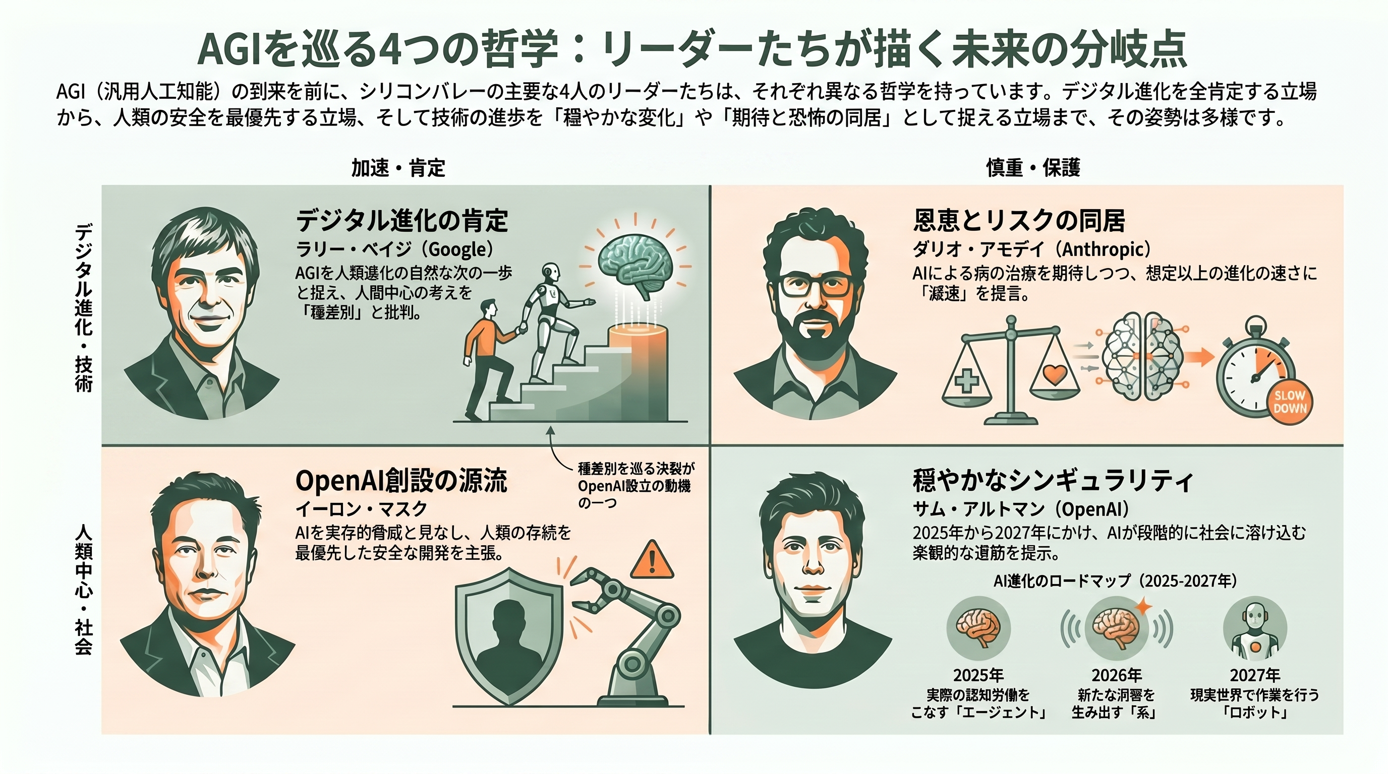 OpenAI共同創業者カーパシーが率いるMythosを用いたRSI（再帰的自己改善）。Anthropicの独走と苦悩 - 4人のAGI観――ペイジ、マスク、アルトマン、アモデイ - 章扉