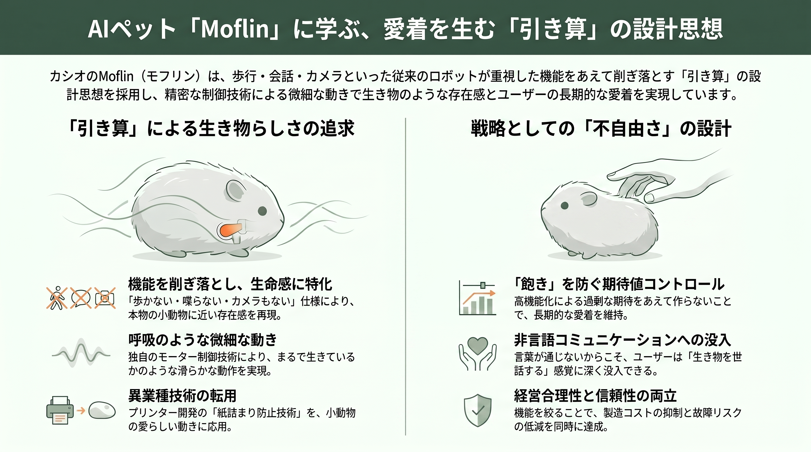 カシオAIペットMoflin（モフリン）好調。販売開始から1年で2万台超、Amazon、楽天で価格高騰 - 「引き算」の設計思想——歩かない・しゃべらない・カメラもない - 章扉