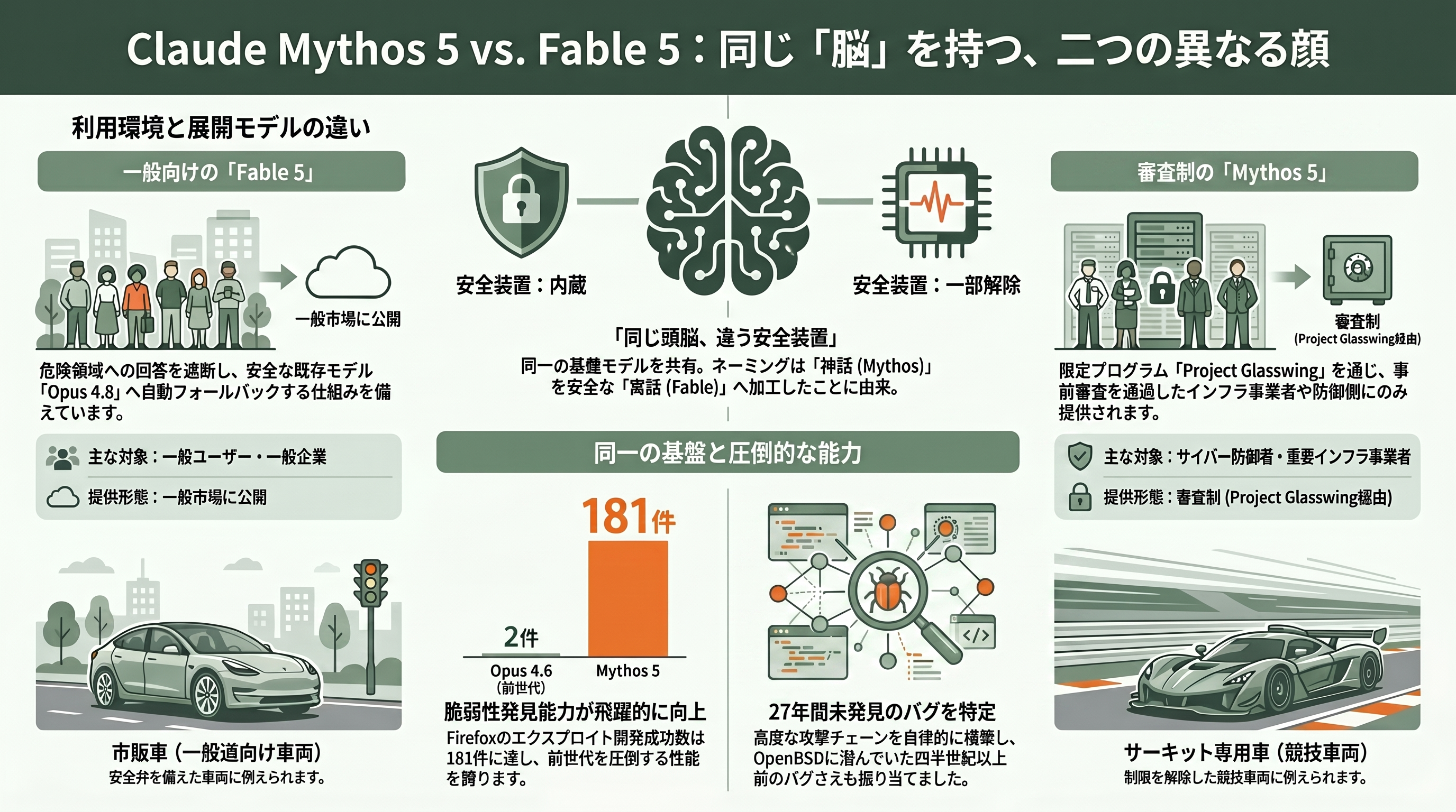 Claude Codeの最新モデル公開。Mythos 5とFable 5とは - Mythos 5とFable 5とは何か——「同じ頭脳、違う安全装置」 - 章扉