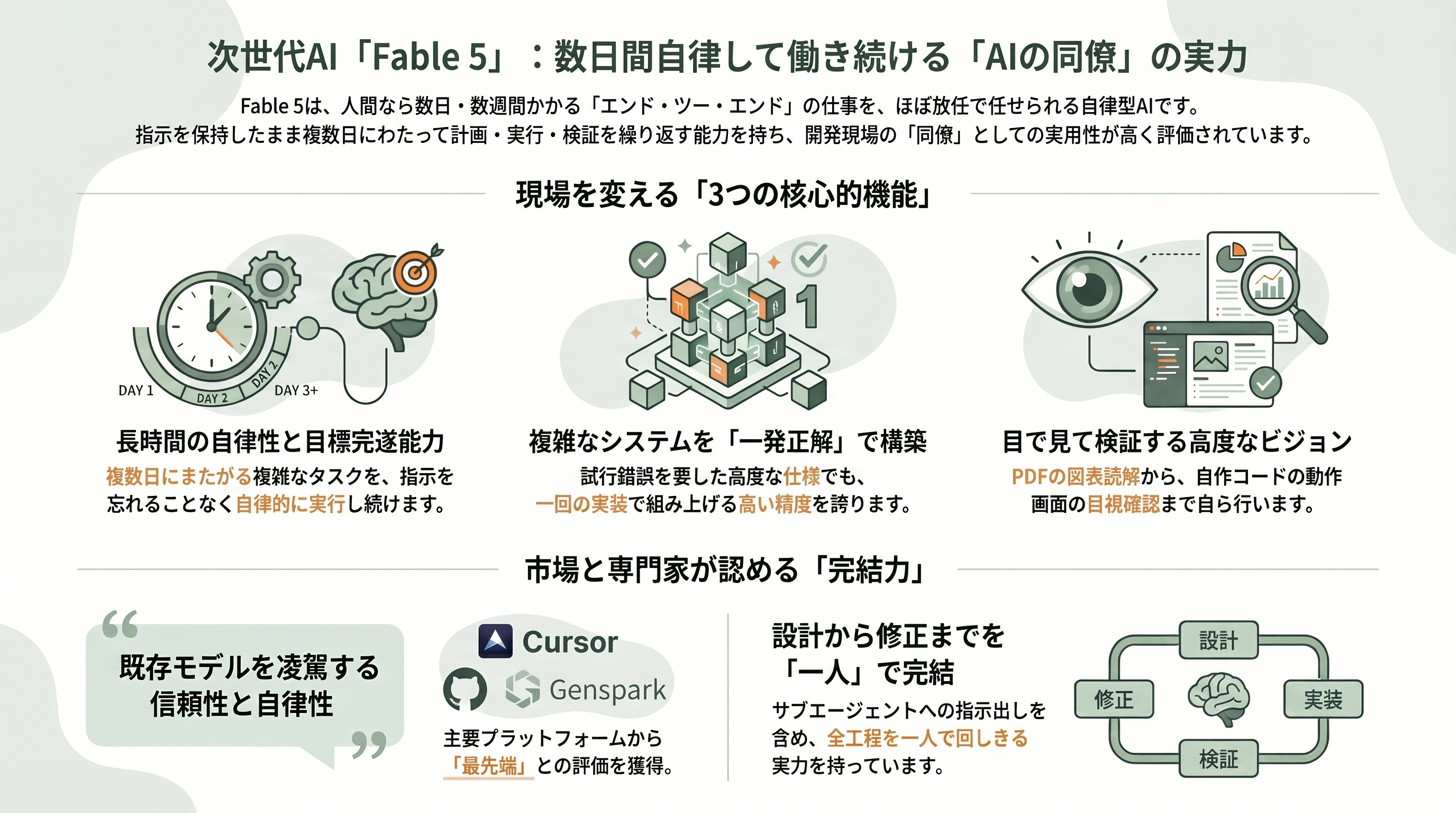 Claude Codeの最新モデル公開。Mythos 5とFable 5とは - 具体的に何ができるのか——「数日間ひとりで働き続ける同僚」 - 章扉