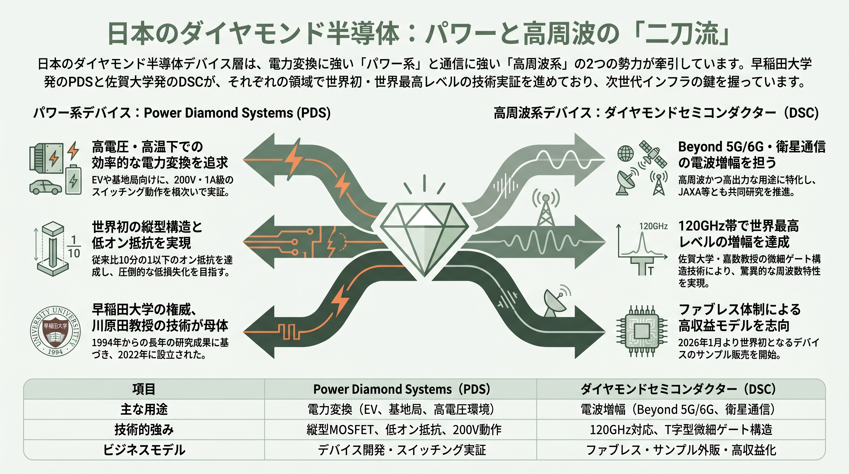 シリコンの限界を突破する究極の半導体、日本が世界をリードするダイヤモンド半導体 - デバイス勢の二刀流——パワーのPDS、高周波の佐賀大・DSC - 章扉