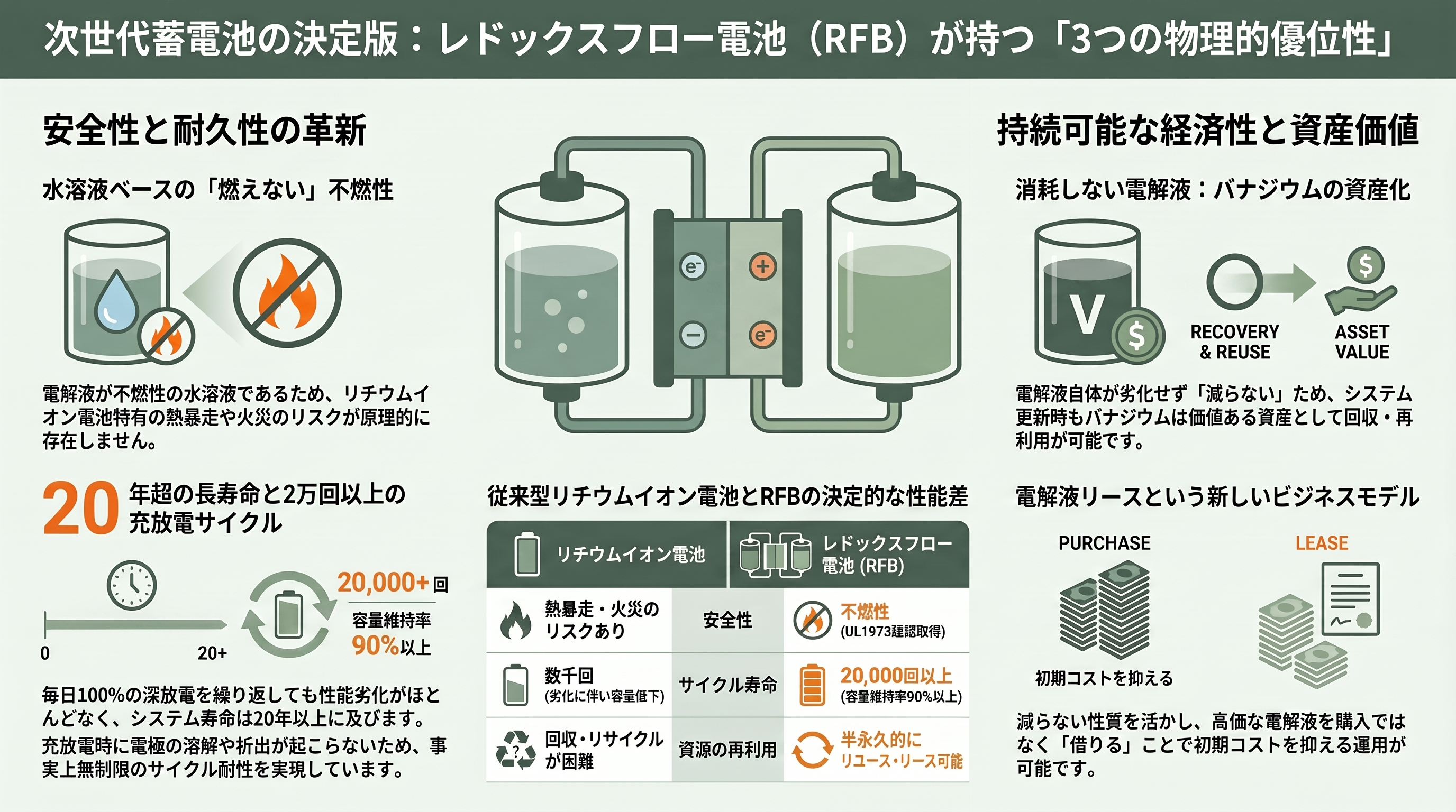 住友電工が世界に先行、燃えない・劣化しない・減らないレドックスフロー電池（Redox Flow Battery） - 「燃えない・劣化しない・減らない」の中身——三つの強みを具体例で読み解く - 章扉