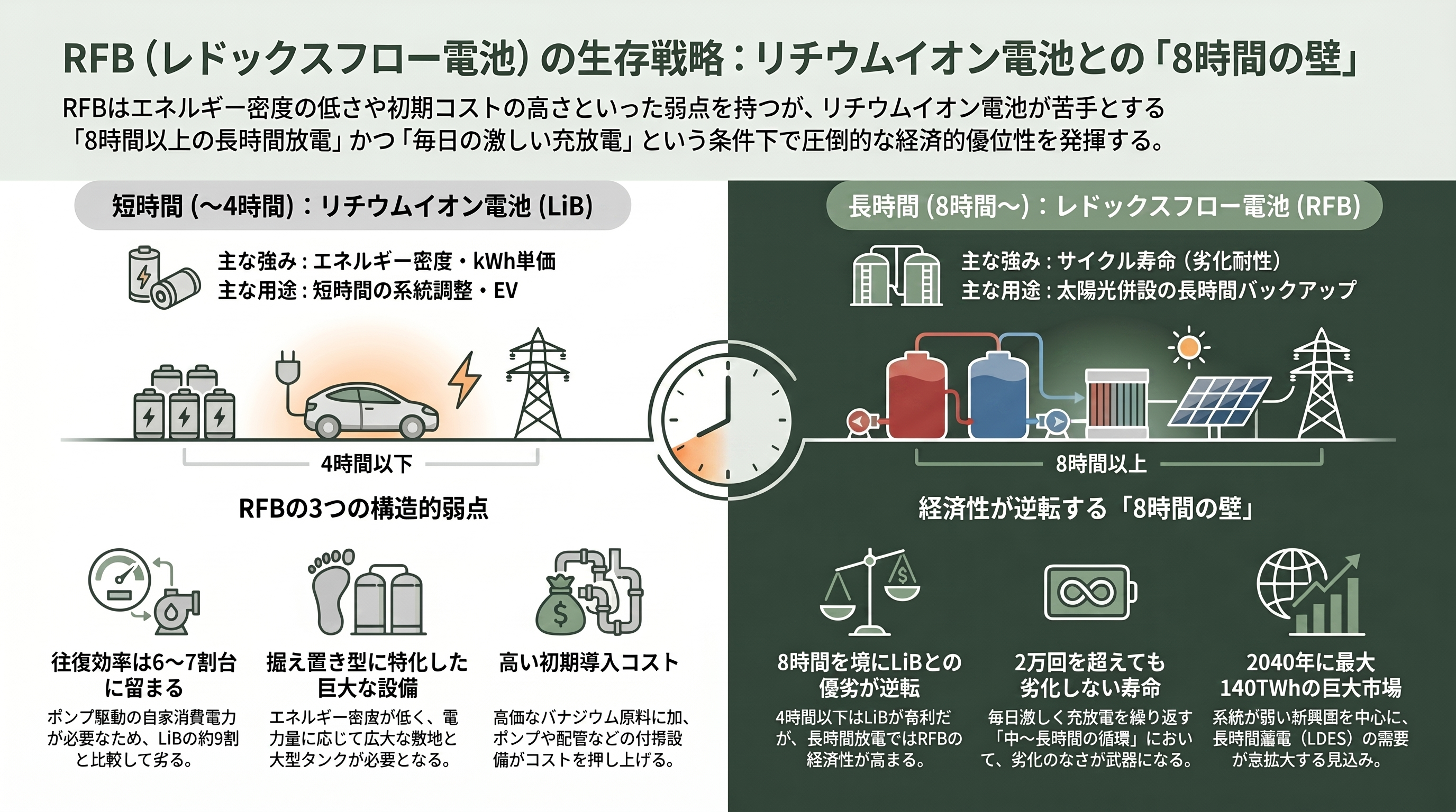 住友電工が世界に先行、燃えない・劣化しない・減らないレドックスフロー電池（Redox Flow Battery） - 弱点はどこか——かさばり、高く、効率で劣る。それでも「8時間の壁」で輝く理由 - 章扉