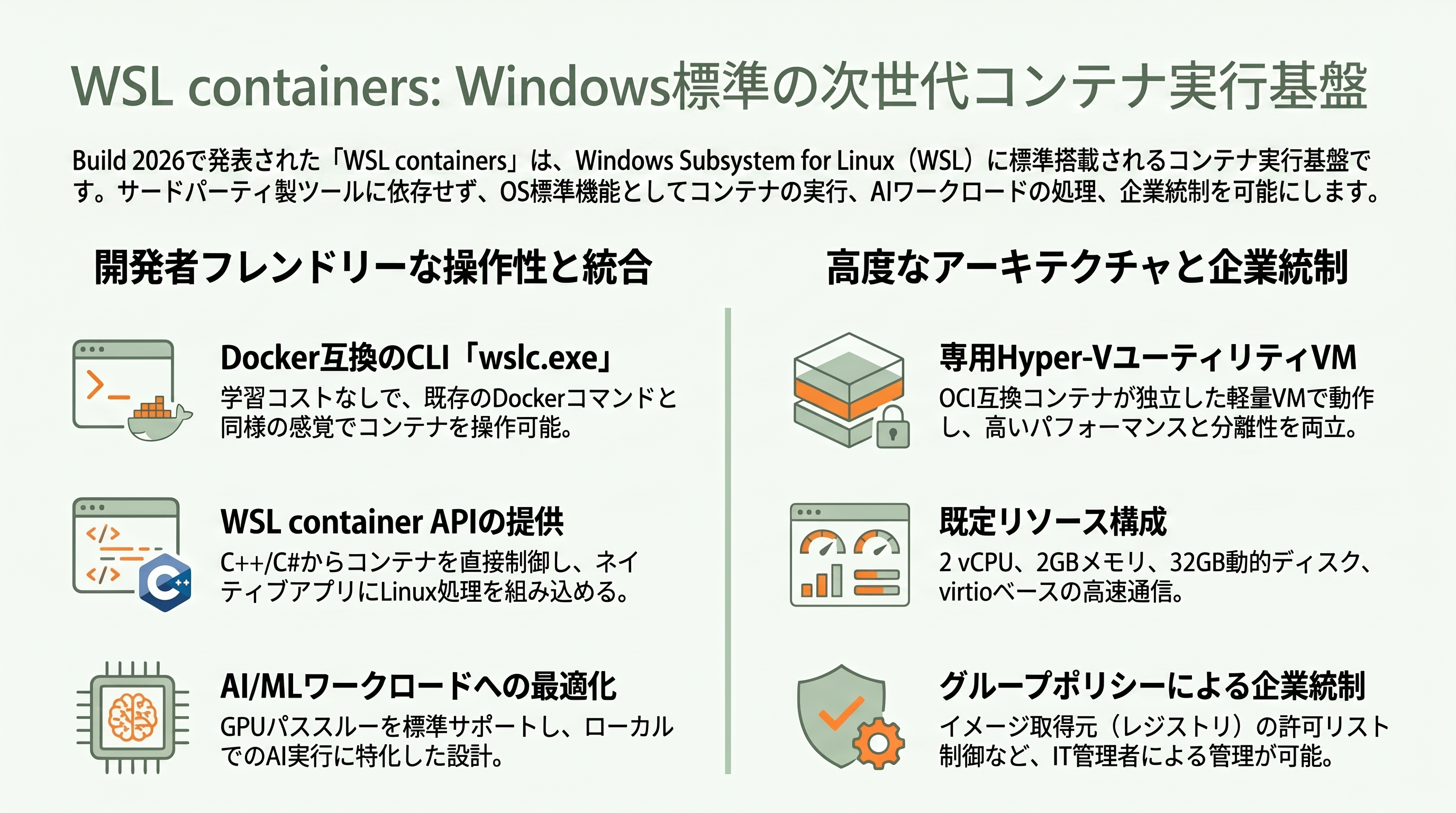 AI時代に向け、AppleとMicrosoftがLinuxコンテナを相次いで発表。Container machine (Mac)とWSL containers(Windows) - WSL containers (Windows) とは — WSLに標準搭載されるコンテナ実行基盤 - 章扉
