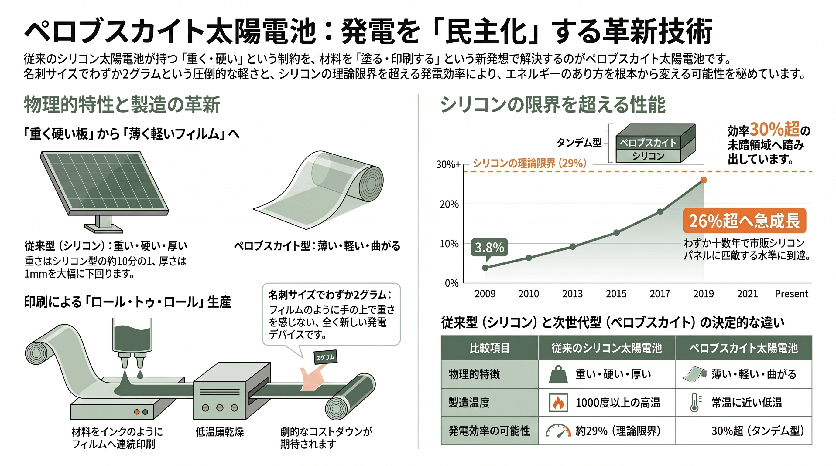 薄い、軽い、曲がる日本発ペロブスカイト太陽電池。積水化学(4204)、東芝、パナソニック(6752)、伊勢化学工業(4107)、関東天然瓦斯開発(1663)、エネコート・テクノロジーズ - 名刺サイズ2グラムの電池が示す「発電の民主化」——ペロブスカイト太陽電池とは何か - 章扉