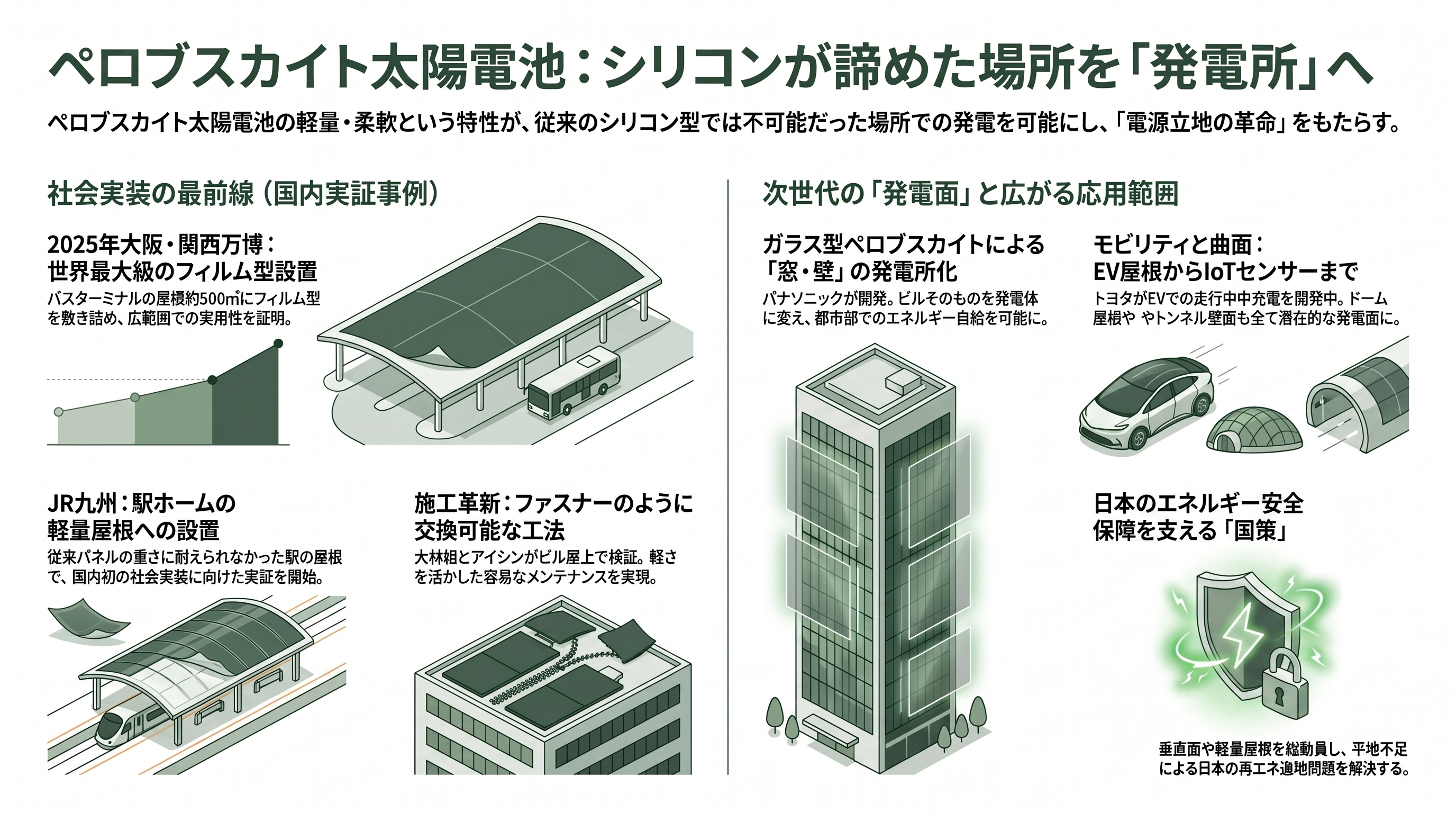 薄い、軽い、曲がる日本発ペロブスカイト太陽電池。積水化学(4204)、東芝、パナソニック(6752)、伊勢化学工業(4107)、関東天然瓦斯開発(1663)、エネコート・テクノロジーズ - どこに貼れるのか——シリコンが諦めた場所を発電所に変える具体例 - 章扉