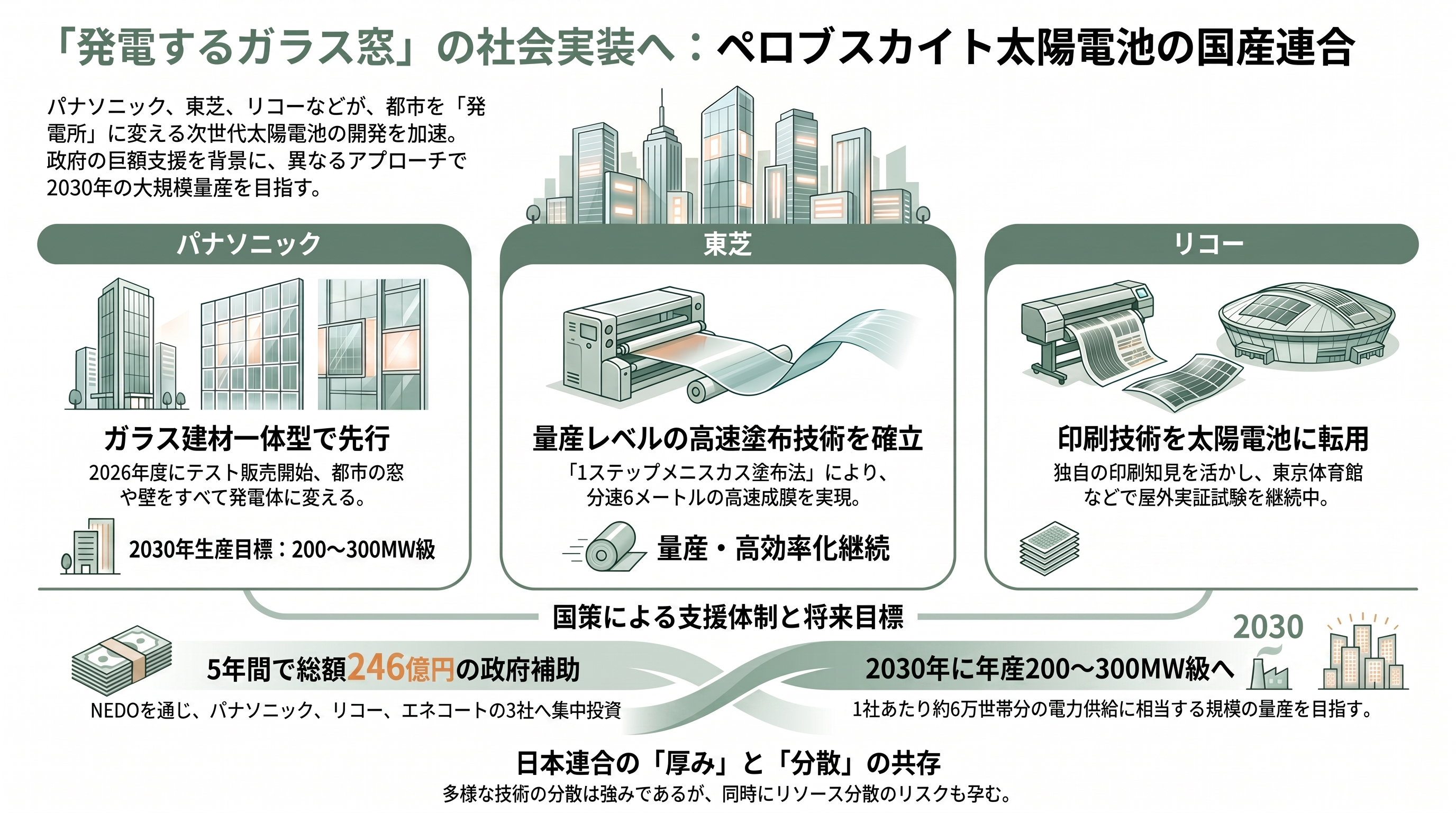 薄い、軽い、曲がる日本発ペロブスカイト太陽電池。積水化学(4204)、東芝、パナソニック(6752)、伊勢化学工業(4107)、関東天然瓦斯開発(1663)、エネコート・テクノロジーズ - パナソニック(6752)・東芝・リコー——「発電するガラス窓」と国産連合 - 章扉