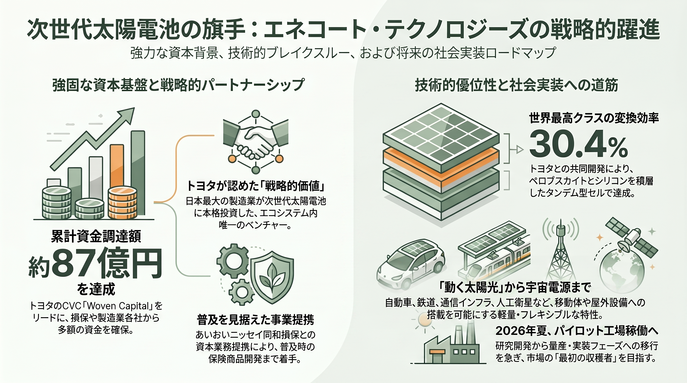 薄い、軽い、曲がる日本発ペロブスカイト太陽電池。積水化学(4204)、東芝、パナソニック(6752)、伊勢化学工業(4107)、関東天然瓦斯開発(1663)、エネコート・テクノロジーズ - エネコート・テクノロジーズ——京大発、トヨタが賭けるタンデム30.4% - 章扉