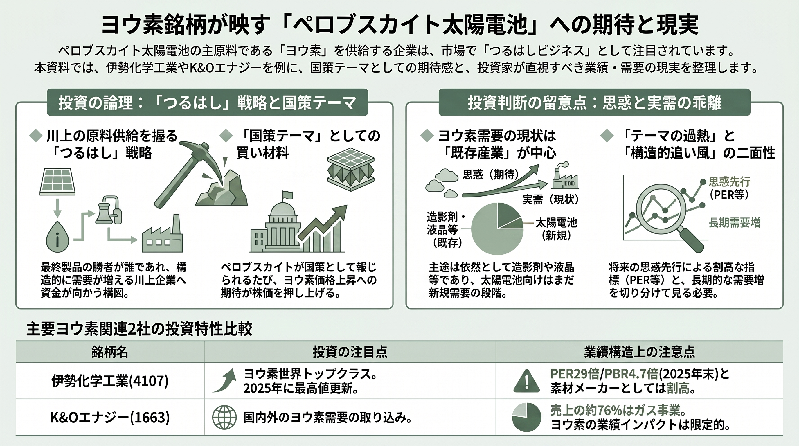 薄い、軽い、曲がる日本発ペロブスカイト太陽電池。積水化学(4204)、東芝、パナソニック(6752)、伊勢化学工業(4107)、関東天然瓦斯開発(1663)、エネコート・テクノロジーズ - ヨウ素株が映す「国策テーマ」——伊勢化学(4107)・関東天然瓦斯(1663)の思惑買い - 章扉