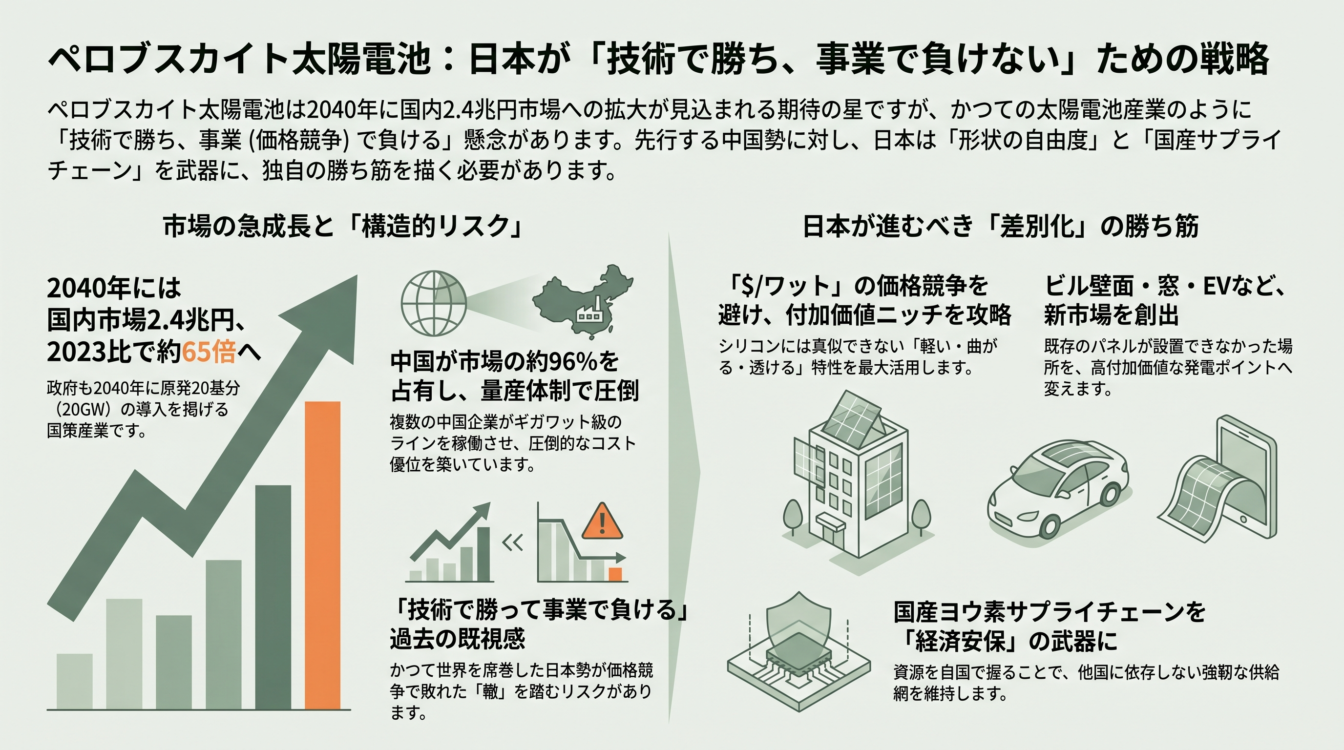 薄い、軽い、曲がる日本発ペロブスカイト太陽電池。積水化学(4204)、東芝、パナソニック(6752)、伊勢化学工業(4107)、関東天然瓦斯開発(1663)、エネコート・テクノロジーズ - VCとアナリストはどう見ているか——「技術で勝ち、事業で負ける」リスク - 章扉