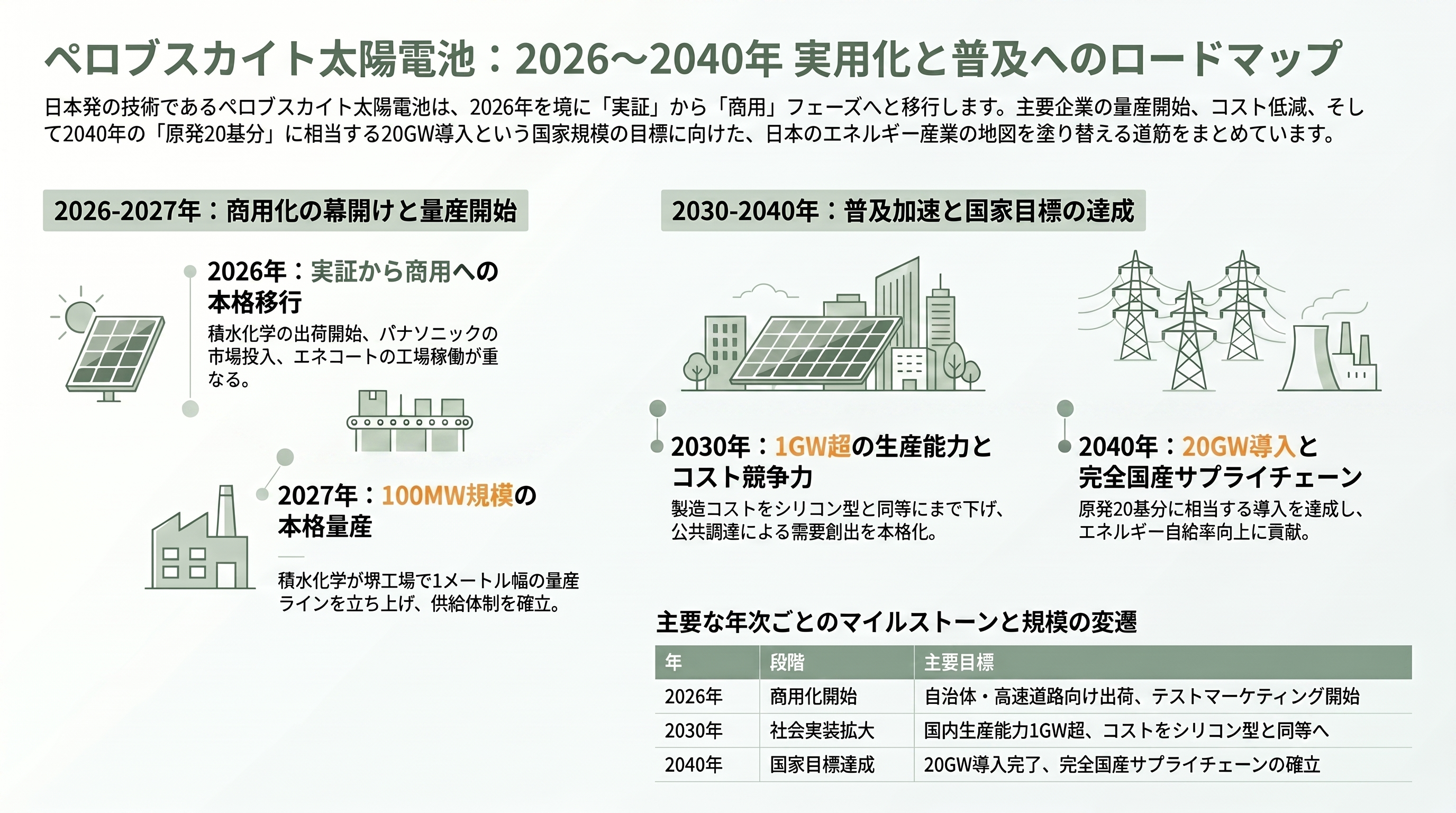 薄い、軽い、曲がる日本発ペロブスカイト太陽電池。積水化学(4204)、東芝、パナソニック(6752)、伊勢化学工業(4107)、関東天然瓦斯開発(1663)、エネコート・テクノロジーズ - 今後のロードマップ——2026〜2030年に何が起きるか - 章扉