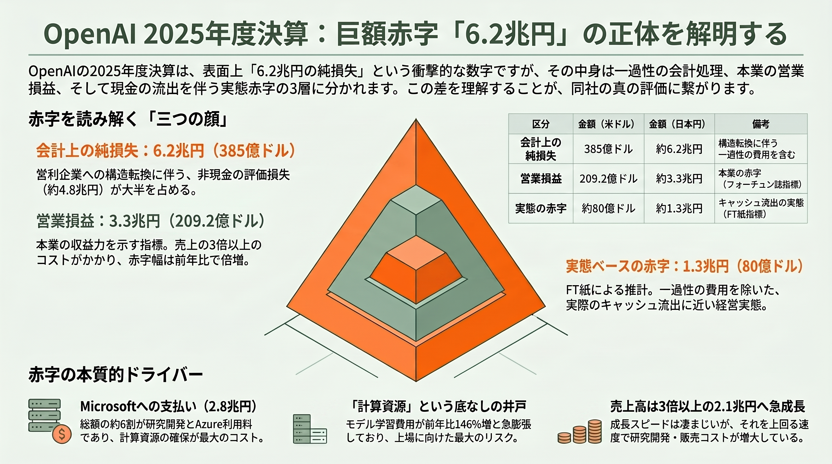 ChatGPT、CodexのOpenAI、最終赤字6.2兆円。フィナンシャル・タイムズなどが報道 - 赤字の打ち分け——「会計上の 6.2 兆円」と「実態の赤字」 - 章扉