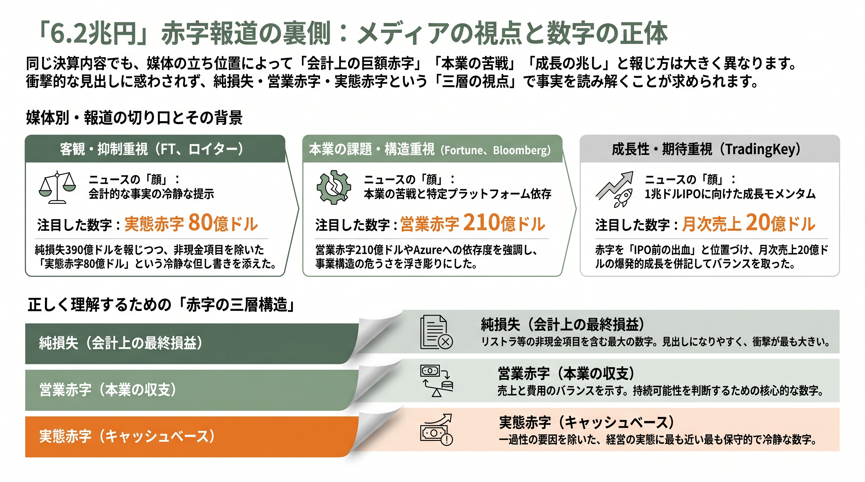 ChatGPT、CodexのOpenAI、最終赤字6.2兆円。フィナンシャル・タイムズなどが報道 - 各紙・各サイトはどう報じたか——「6.2 兆円」と「210 億ドル」の温度差 - 章扉