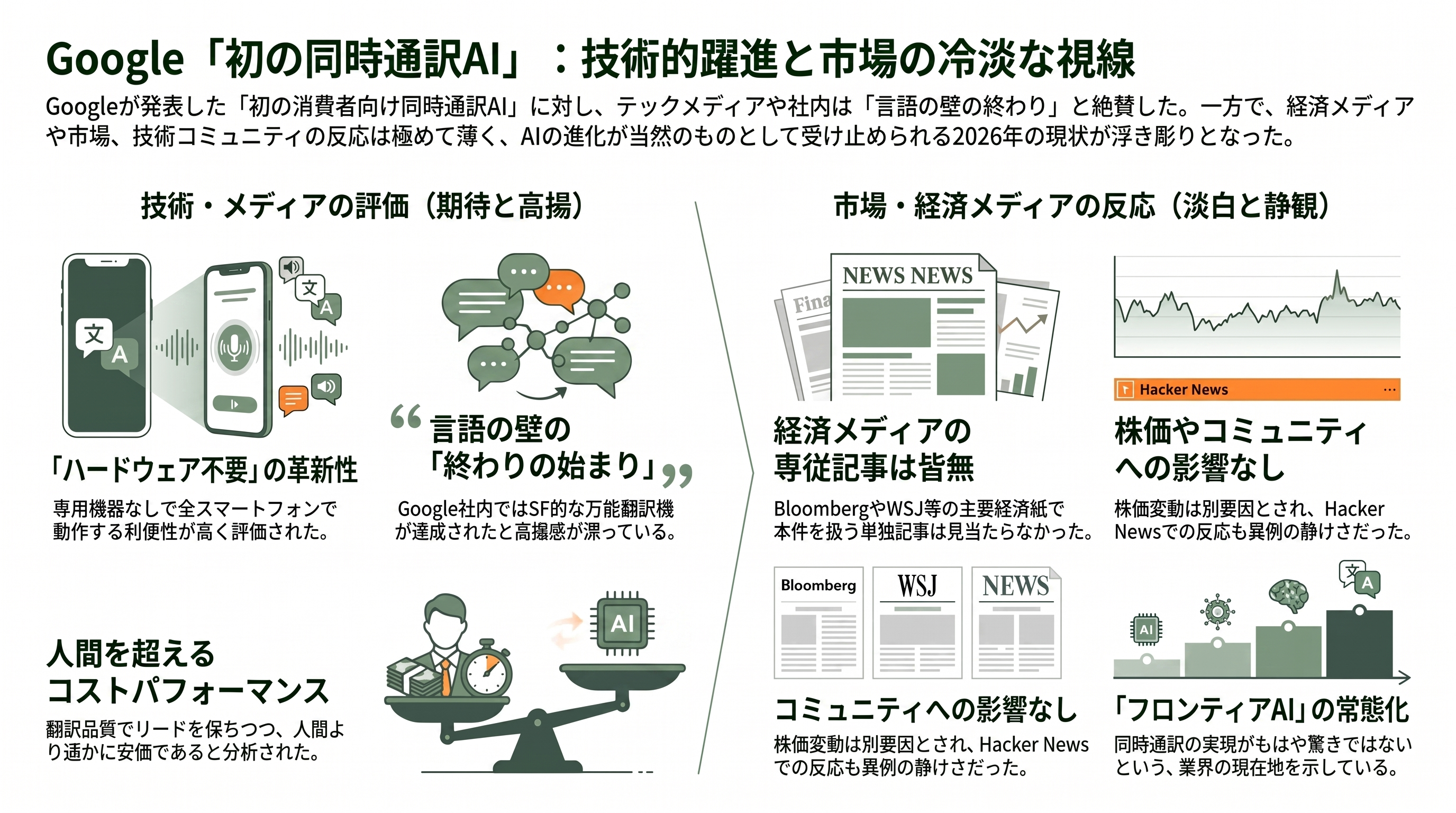Google、同時通訳級Gemini 3.5 Live Translate発表。70以上の言語に対応 - 米メディアの報道——「初の消費者向け同時通訳」と懐疑論、そして市場の静けさ - 章扉