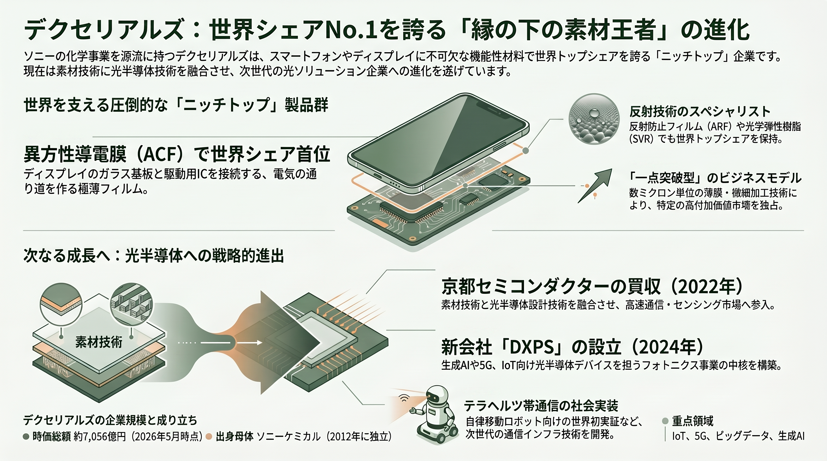 デクセリアルズ（4980）、オランダの研究機関 フォトニック・インテグレーション・テクノロジー・センター（PITC）と光電融合などフォトニクス（光工学）分野で共同研究 - デクセリアルズとは — ソニー由来の「縁の下の素材王者」 - 章扉