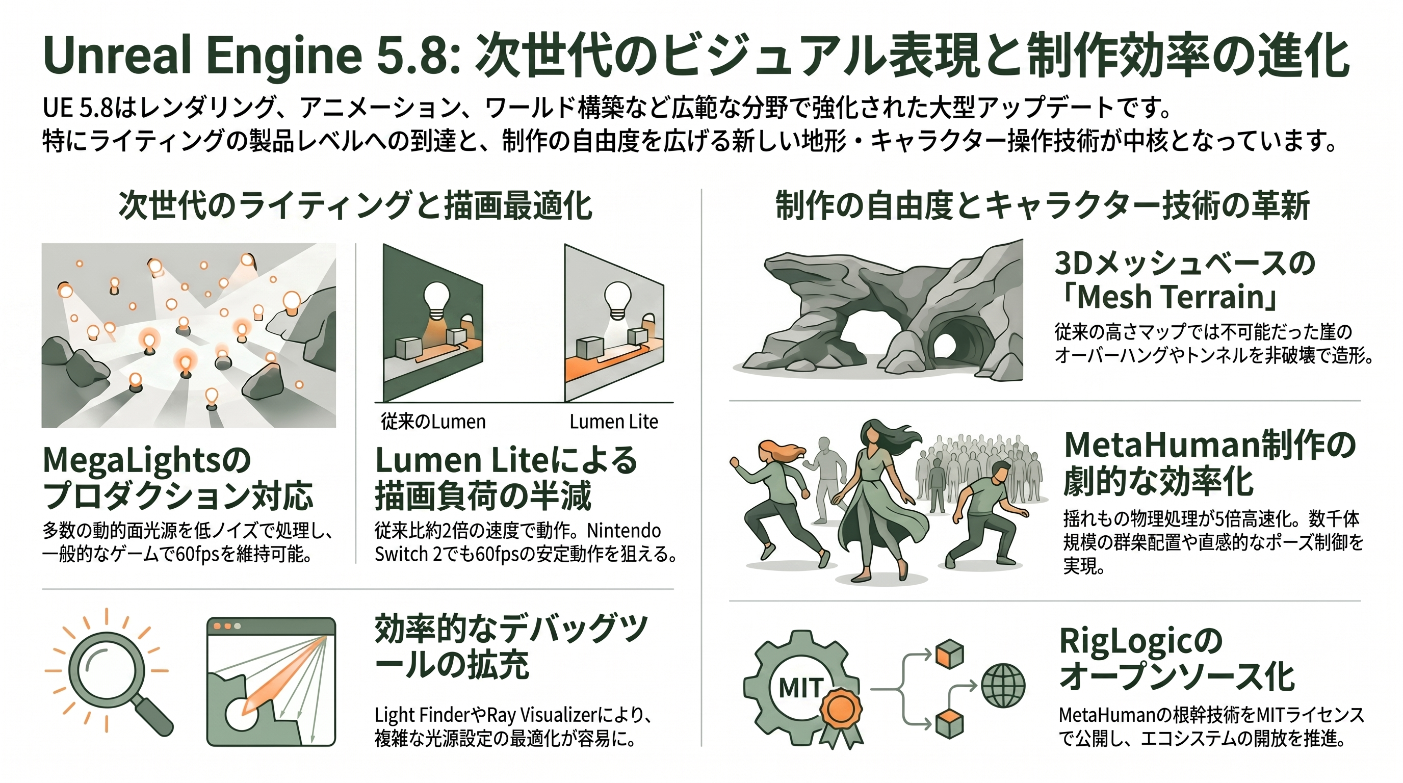 変わるゲーム開発。Unreal Engine 5.8リリース、MCPサーバーを搭載。Claude Codeなどから利用可能に - UE 5.8のその他の進化 — MegaLightsからMetaHumanまで - 章扉