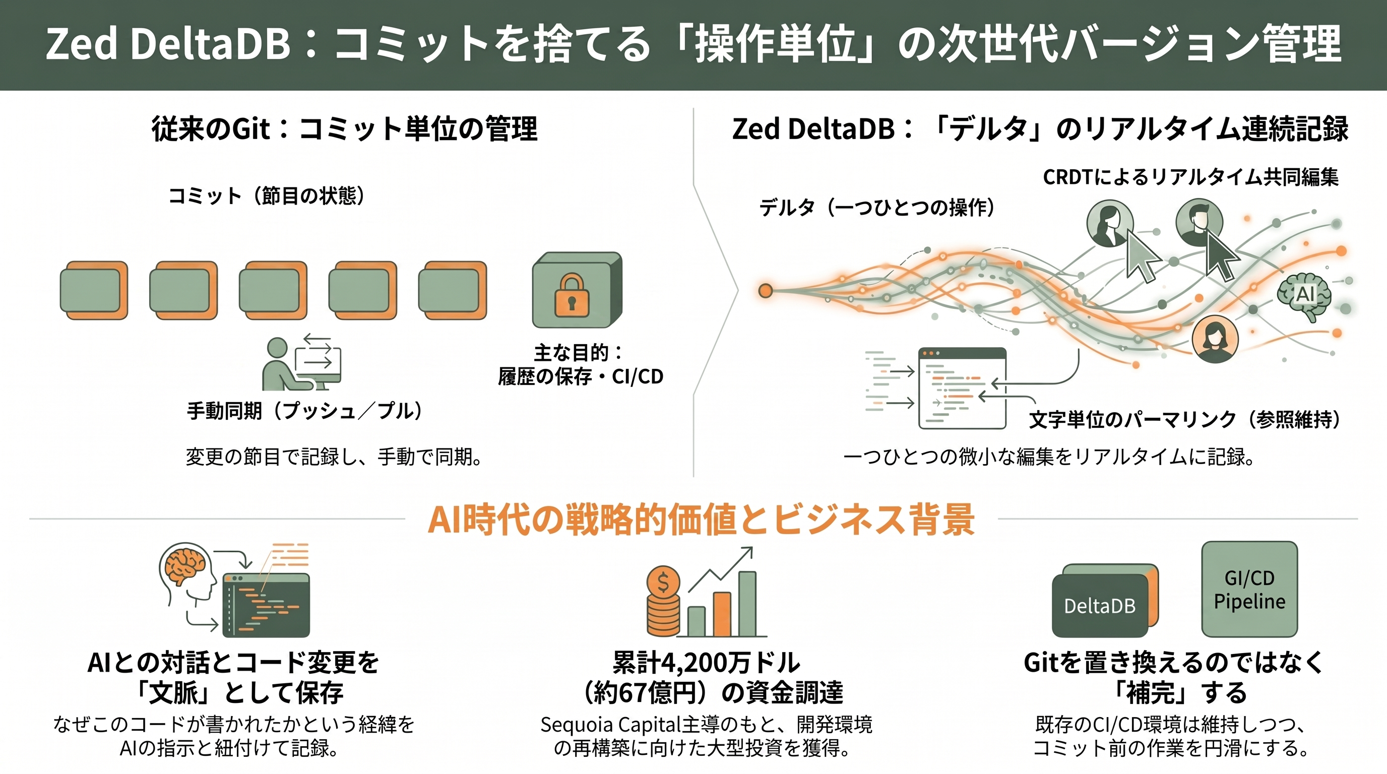 GitHub代替、3社が相次いで発表。Cursor Origin、ZED DeltaDB、GitLab Project Switch - Zed DeltaDB 詳細解説——「コミット」を捨てる操作単位のバージョン管理 - 章扉