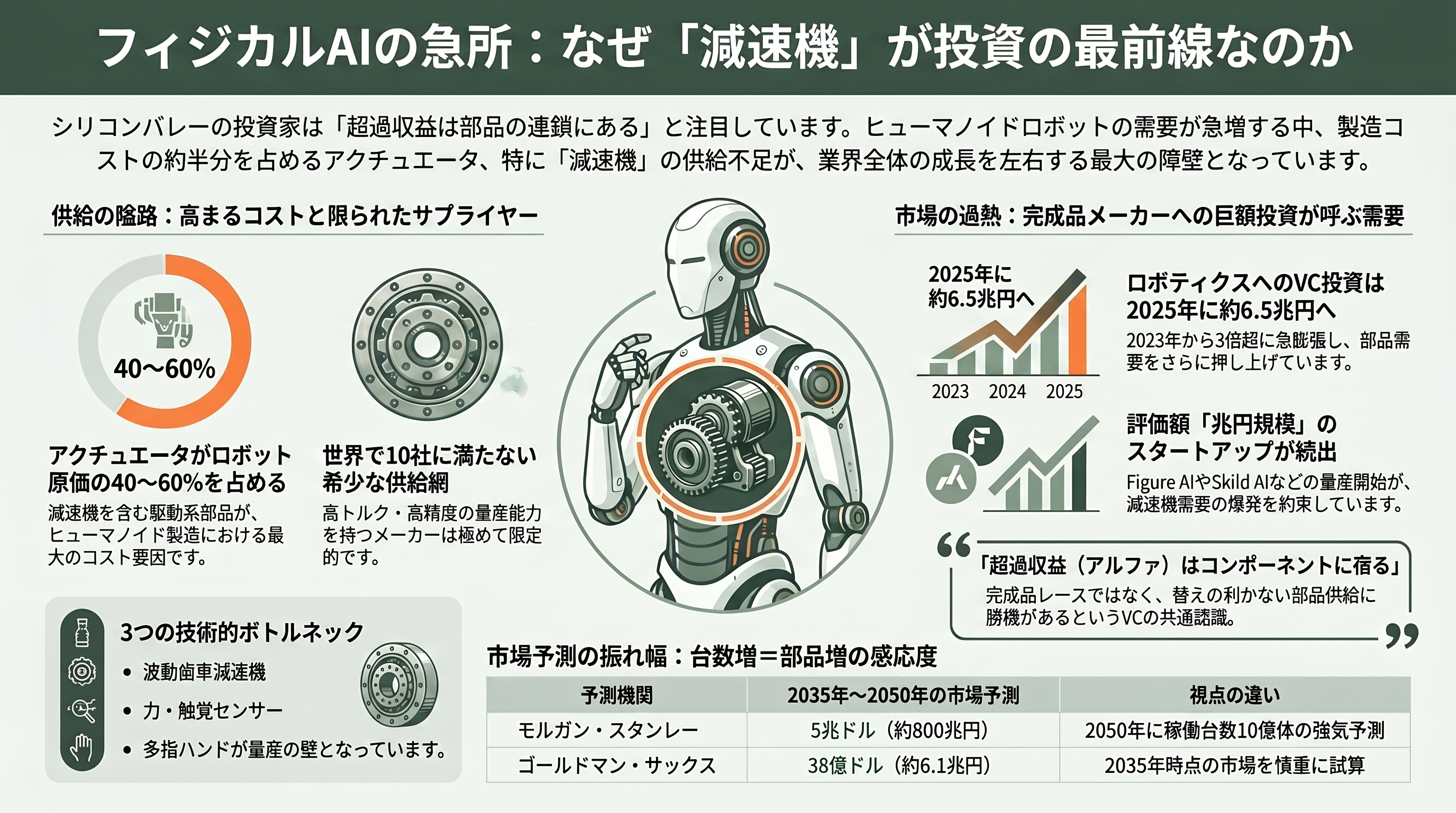 フィジカルAIを支える精密減速機。 ハーモニック・ドライブ・システムズ(6324)、ナブテスコ(6268)、住友重機械工業(6302) - なぜ減速機が最大のボトルネックなのか——シリコンバレーVCの視点 - 章扉