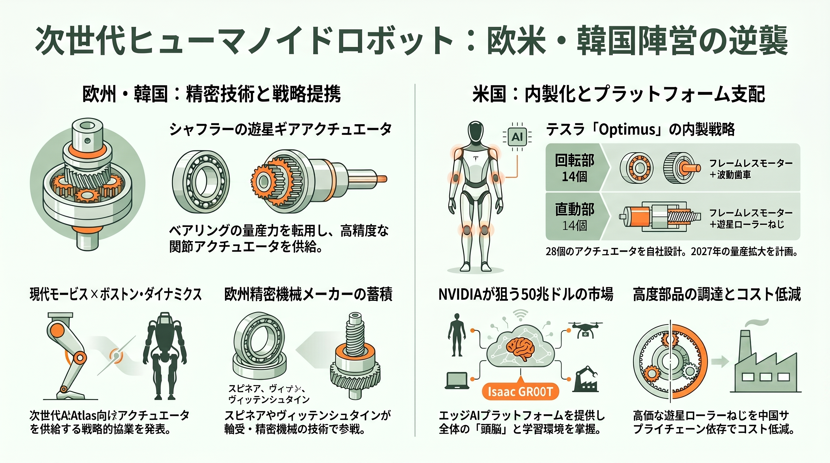 フィジカルAIを支える精密減速機。 ハーモニック・ドライブ・システムズ(6324)、ナブテスコ(6268)、住友重機械工業(6302) - 欧米の布陣——シャフラー、現代モービス=ボストン・ダイナミクス、テスラ内製 - 章扉