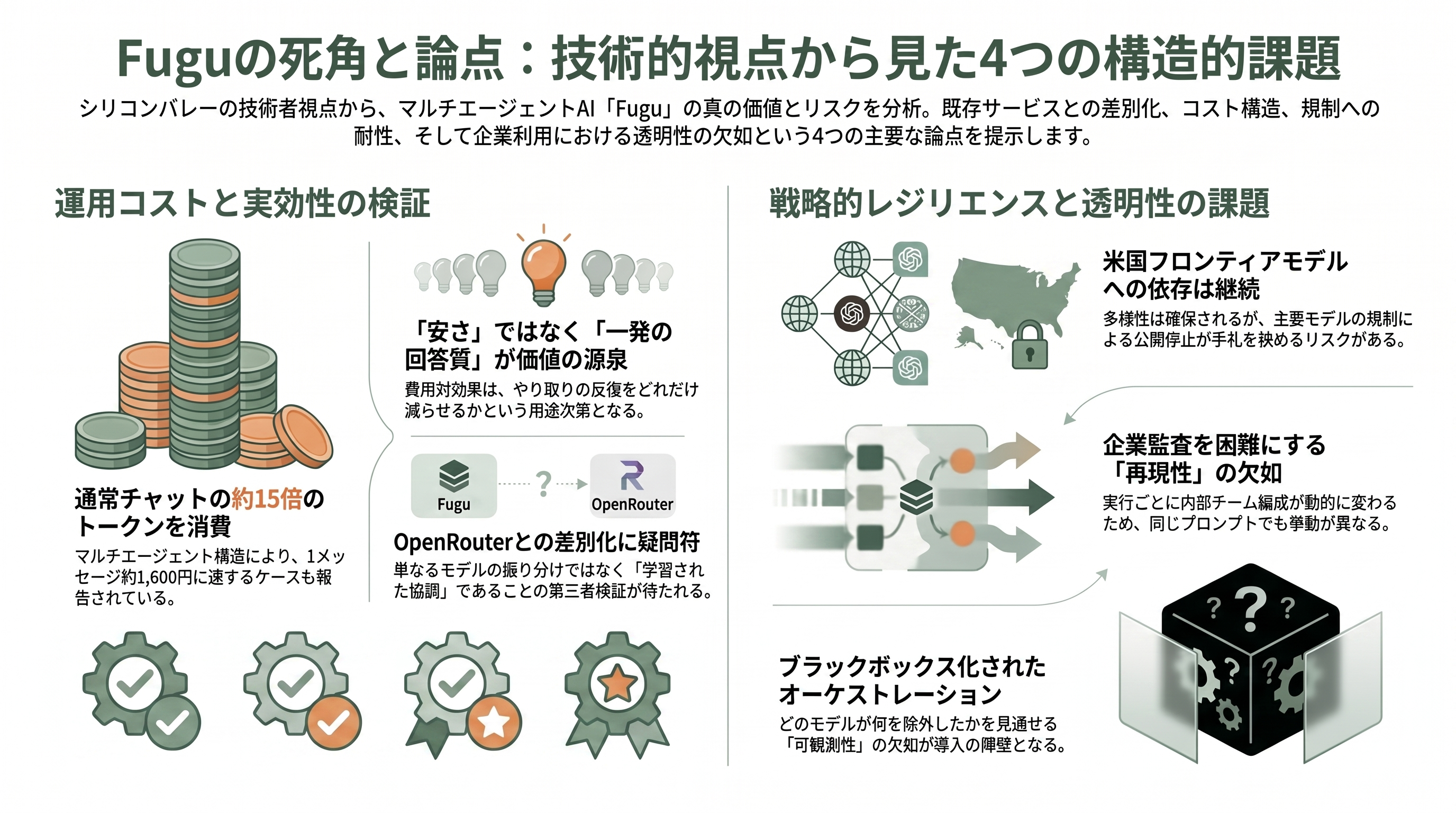 Sakana AIがマルチエージェントシステムSakana Fugu、Fugu Ultraをリリース - 死角と論点 — シリコンバレーの技術者はどう見るか - 章扉
