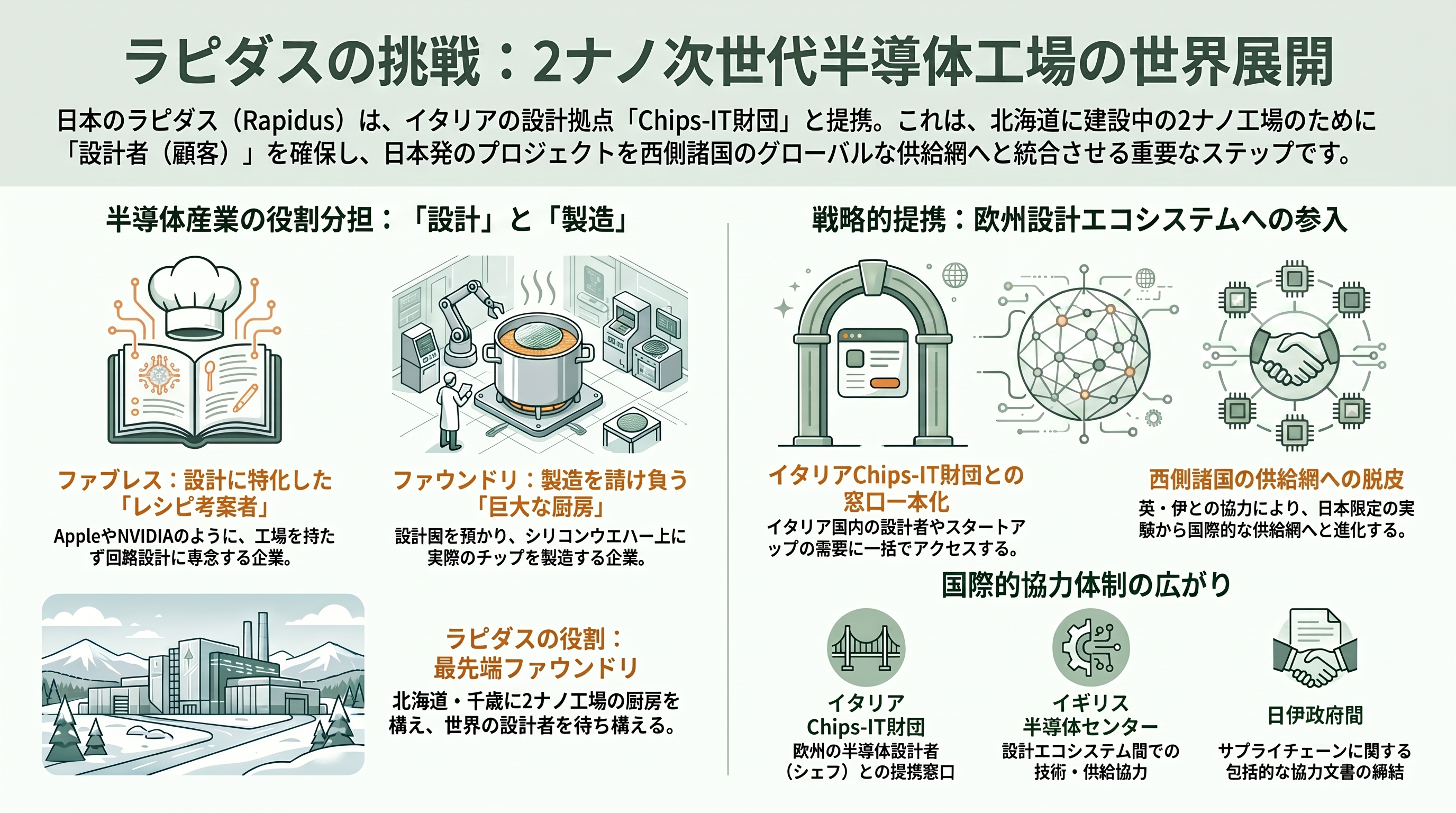 ラピダス（Rapidus）、2ナノ先端半導体の顧客開拓に向け、イタリアの半導体設計機関 Chips-IT財団（Fondazione Chips-IT）と基本合意（MOU） - ニュースの全体像 ― 「2ナノの工場を、世界の設計者に開く」という出来事 - 章扉
