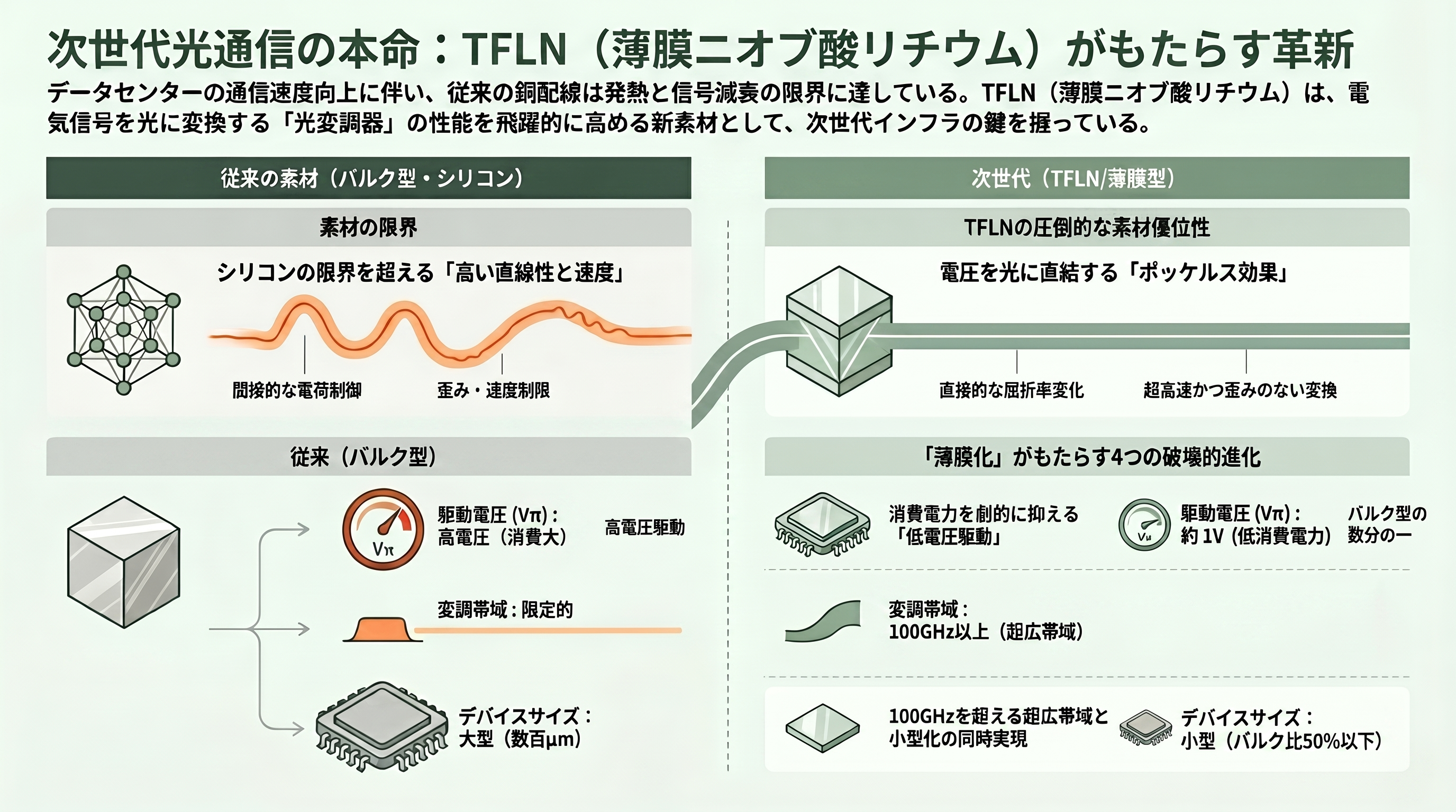 高速・低消費の光電融合次世代材料、TFLN（薄膜ニオブ酸リチウム）。村田製作所（6981）、日本ガイシ（5333）、アルバック（6728）、HyperLight、NANOLN - TFLN（薄膜ニオブ酸リチウム）とは何か — 「電気を光に変える」材料の基礎 - 章扉