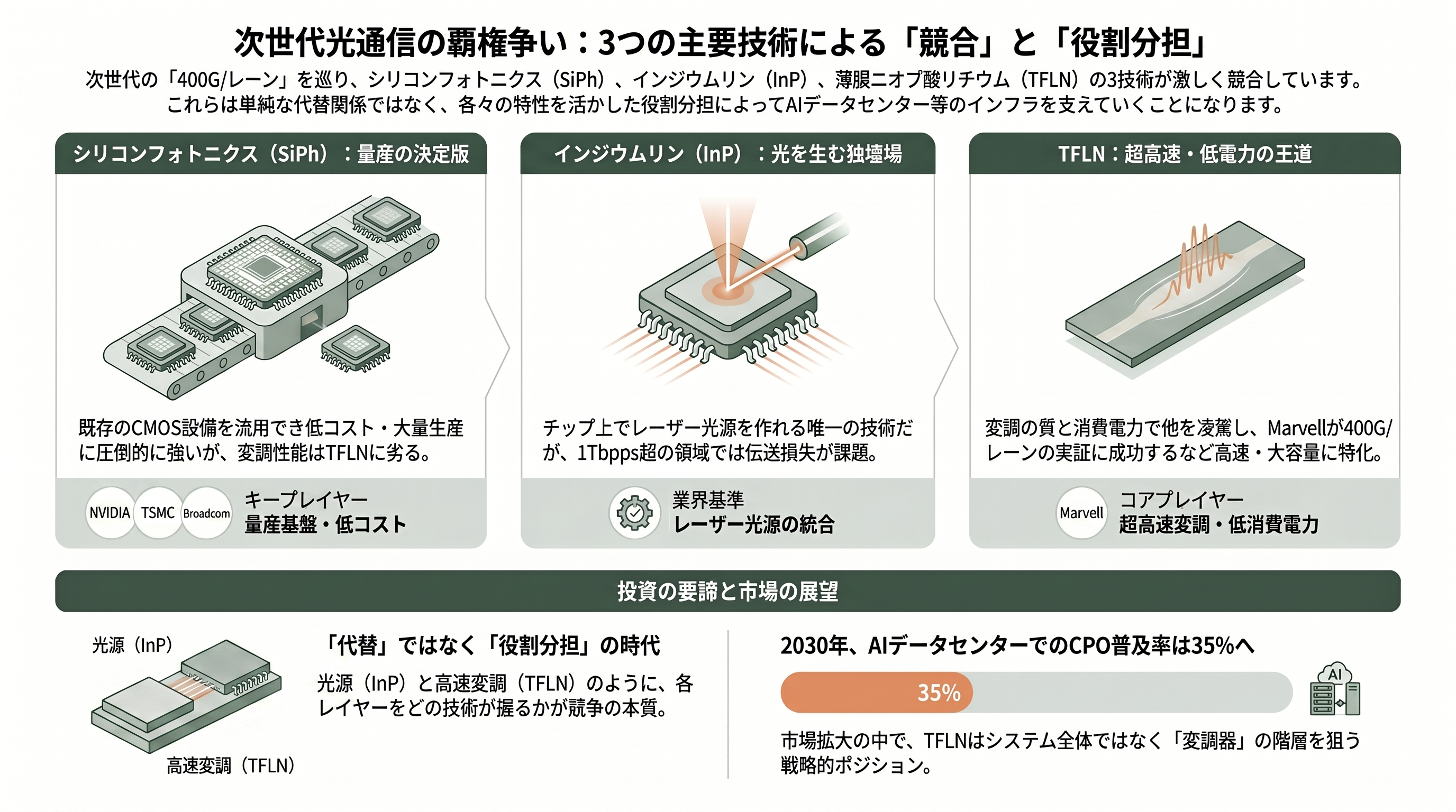 高速・低消費の光電融合次世代材料、TFLN（薄膜ニオブ酸リチウム）。村田製作所（6981）、日本ガイシ（5333）、アルバック（6728）、HyperLight、NANOLN - 三つ巴の技術競争 — TFLN・シリコンフォトニクス・InP - 章扉