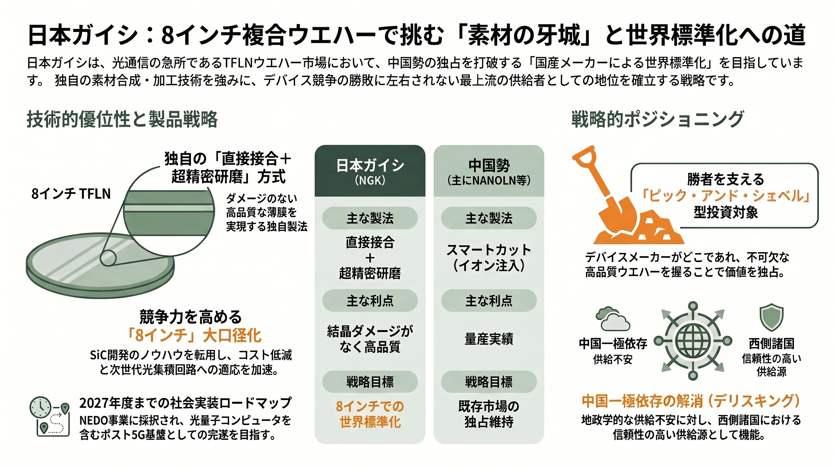 高速・低消費の光電融合次世代材料、TFLN（薄膜ニオブ酸リチウム）。村田製作所（6981）、日本ガイシ（5333）、アルバック（6728）、HyperLight、NANOLN - 日本ガイシ（5333）— 8インチ複合ウエハーで中国の牙城に挑む - 章扉