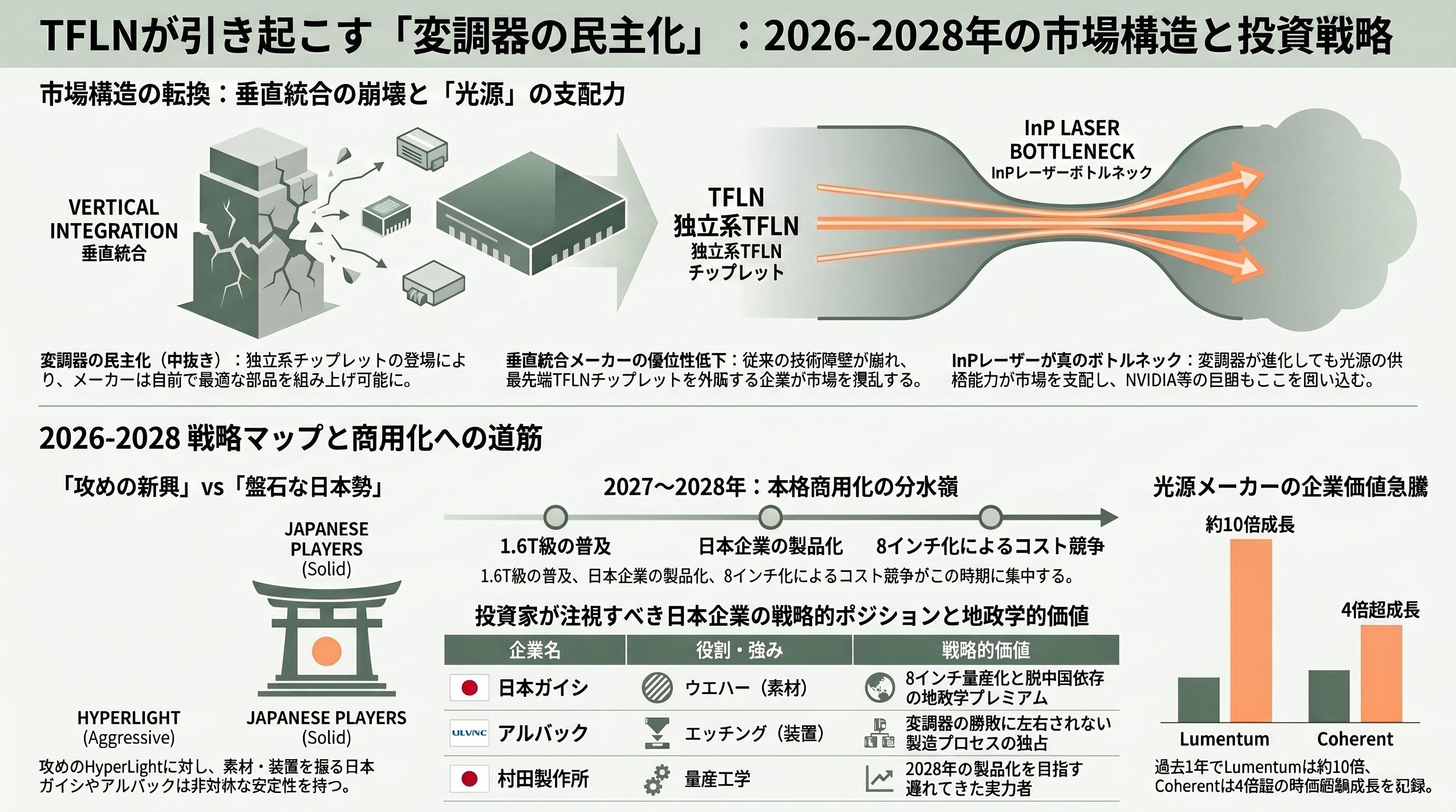高速・低消費の光電融合次世代材料、TFLN（薄膜ニオブ酸リチウム）。村田製作所（6981）、日本ガイシ（5333）、アルバック（6728）、HyperLight、NANOLN - シリコンバレーVCの視点 — 「変調器の民主化」と2026〜2028年の見取り図 - 章扉
