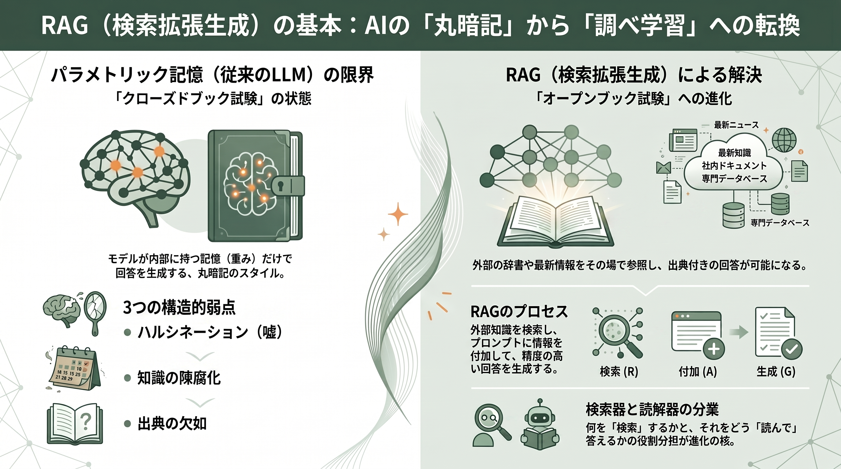 15の論文が紡ぐRAGの発展 - 序章：RAGとは何か — パラメトリック記憶の限界と「外部知識」という発想 - 章扉