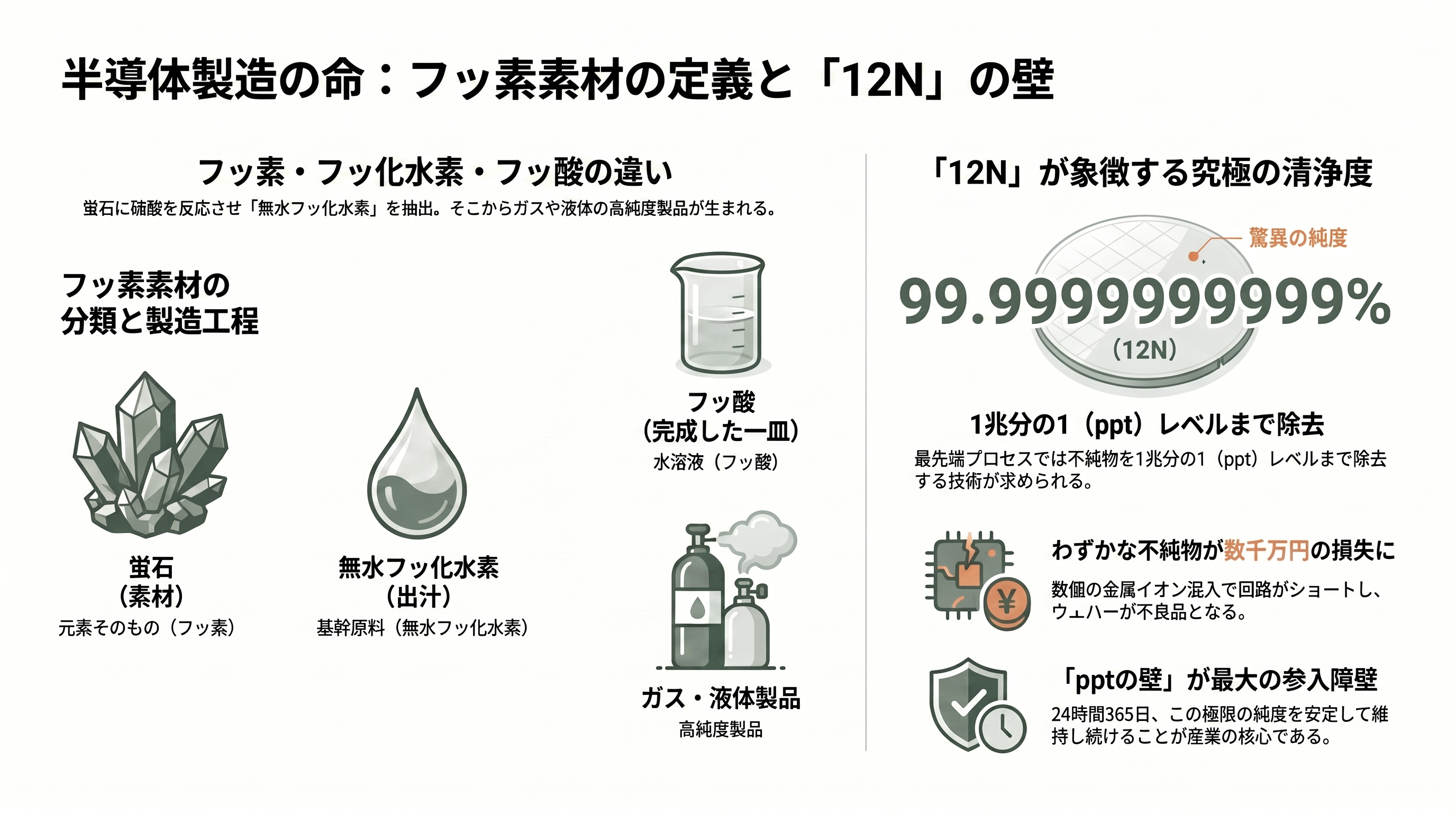 半導体向け高純度フッ酸。ステラケミファ（4109）、ダイキン（6367）、森田化学 - 半導体をつくる「水と火」——フッ酸とは何か、フッ素・フッ化水素との違い - 章扉