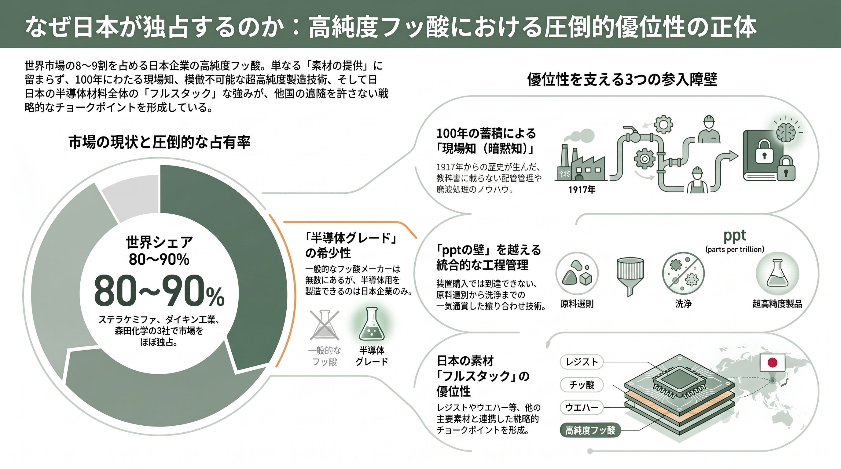 半導体向け高純度フッ酸。ステラケミファ（4109）、ダイキン（6367）、森田化学 - なぜ日本が握るのか——高純度フッ酸における優位性の正体 - 章扉
