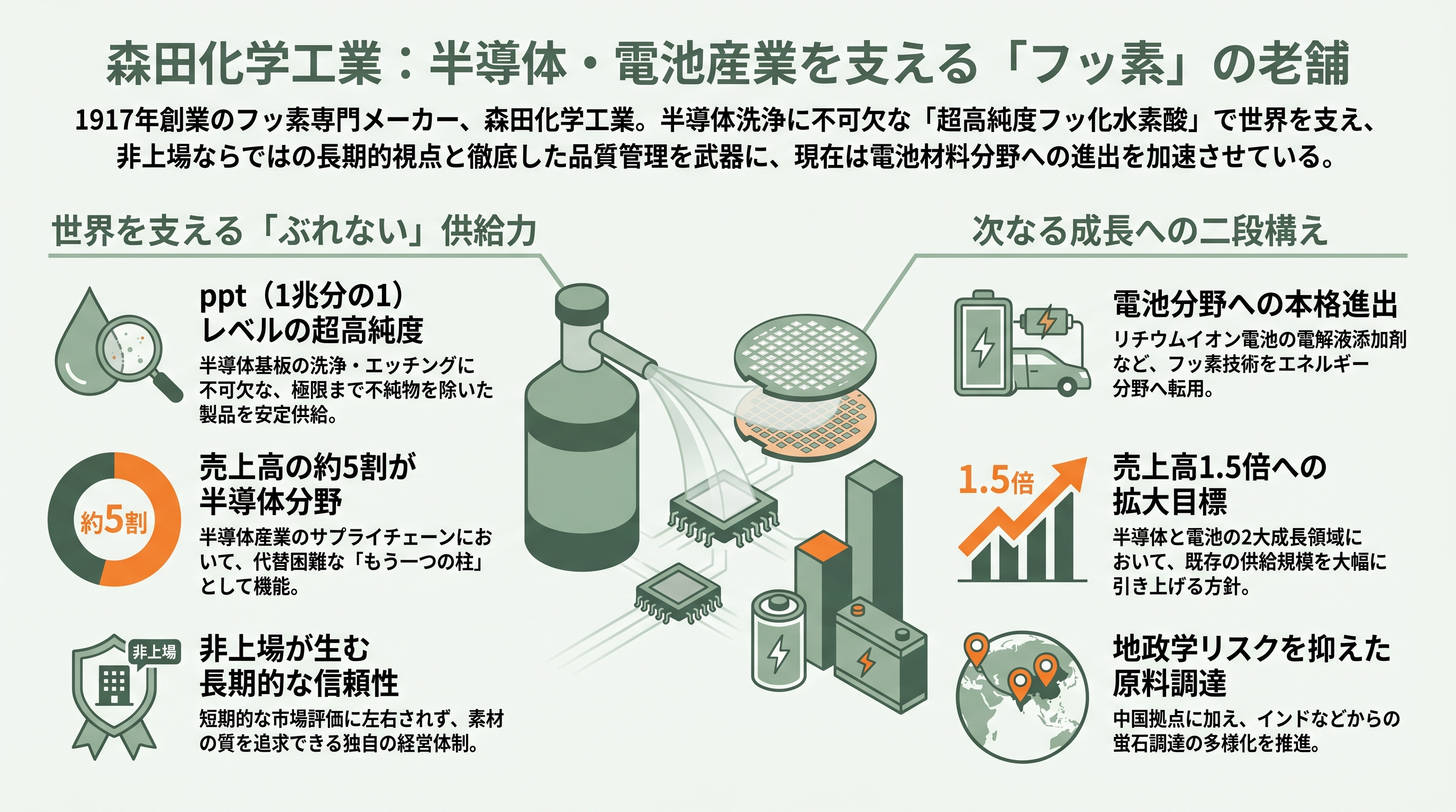 半導体向け高純度フッ酸。ステラケミファ（4109）、ダイキン（6367）、森田化学 - 森田化学工業——非上場の老舗が支える「もう一つの柱」 - 章扉