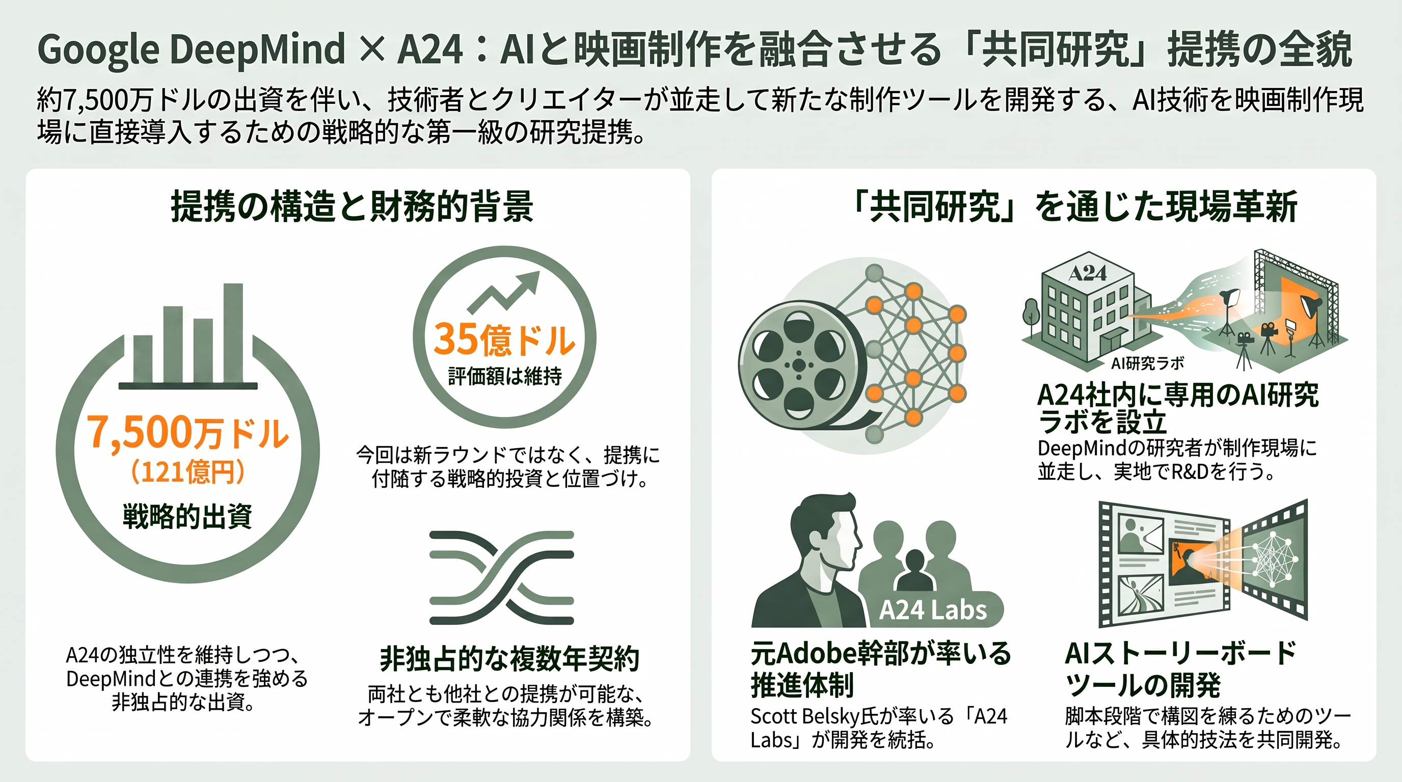 Google、映画制作のA24に7,500万ドル(121億円)の出資。研究提携、映画制作AIツールを共同開発へ - 7,500万ドルの出資と「共同研究」という提携の形 - 章扉