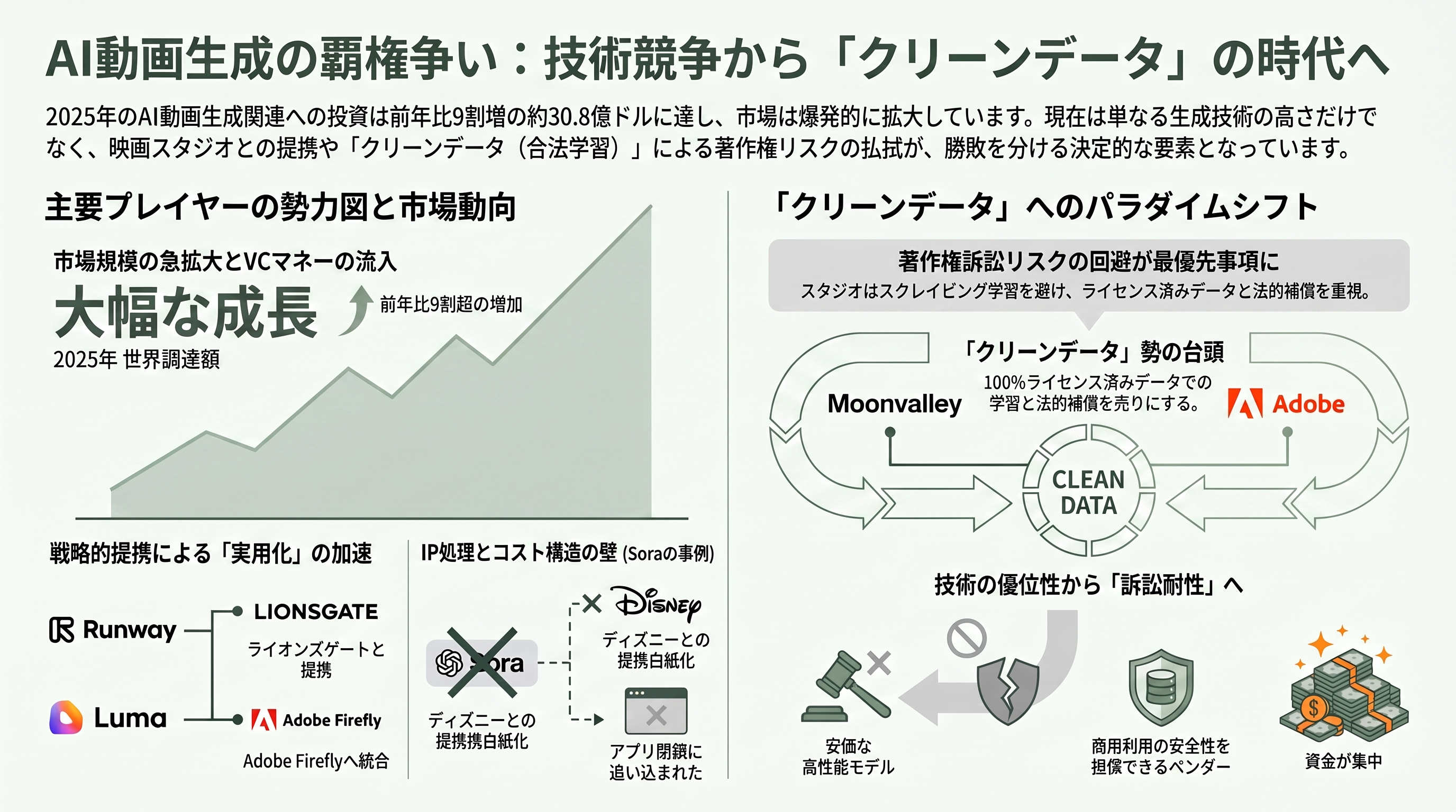Google、映画制作のA24に7,500万ドル(121億円)の出資。研究提携、映画制作AIツールを共同開発へ - AI動画生成競争の現在地――Veo、Sora、Runway、Luma、そして「クリーンデータ」勢 - 章扉