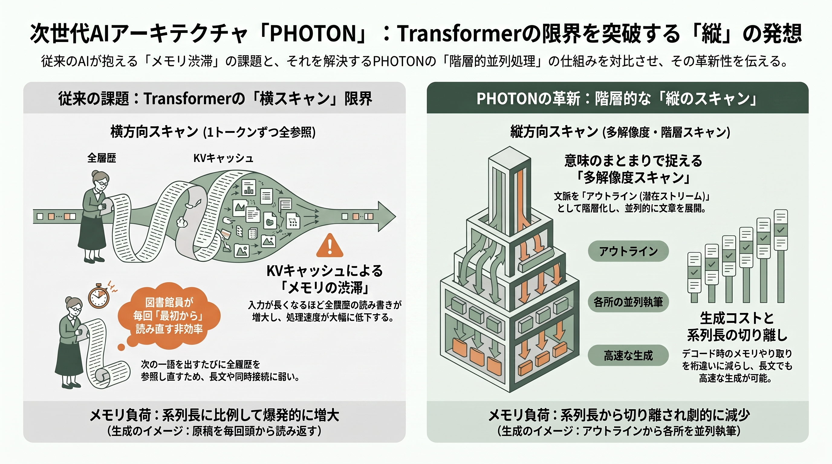 富士通、Transformerの最大475倍。GPUを効率的に扱うLLMアーキテクチャ、PHOTON発表 - PHOTONとは何か——「横に読む」Transformerに対する「縦に束ねる」発想 - 章扉