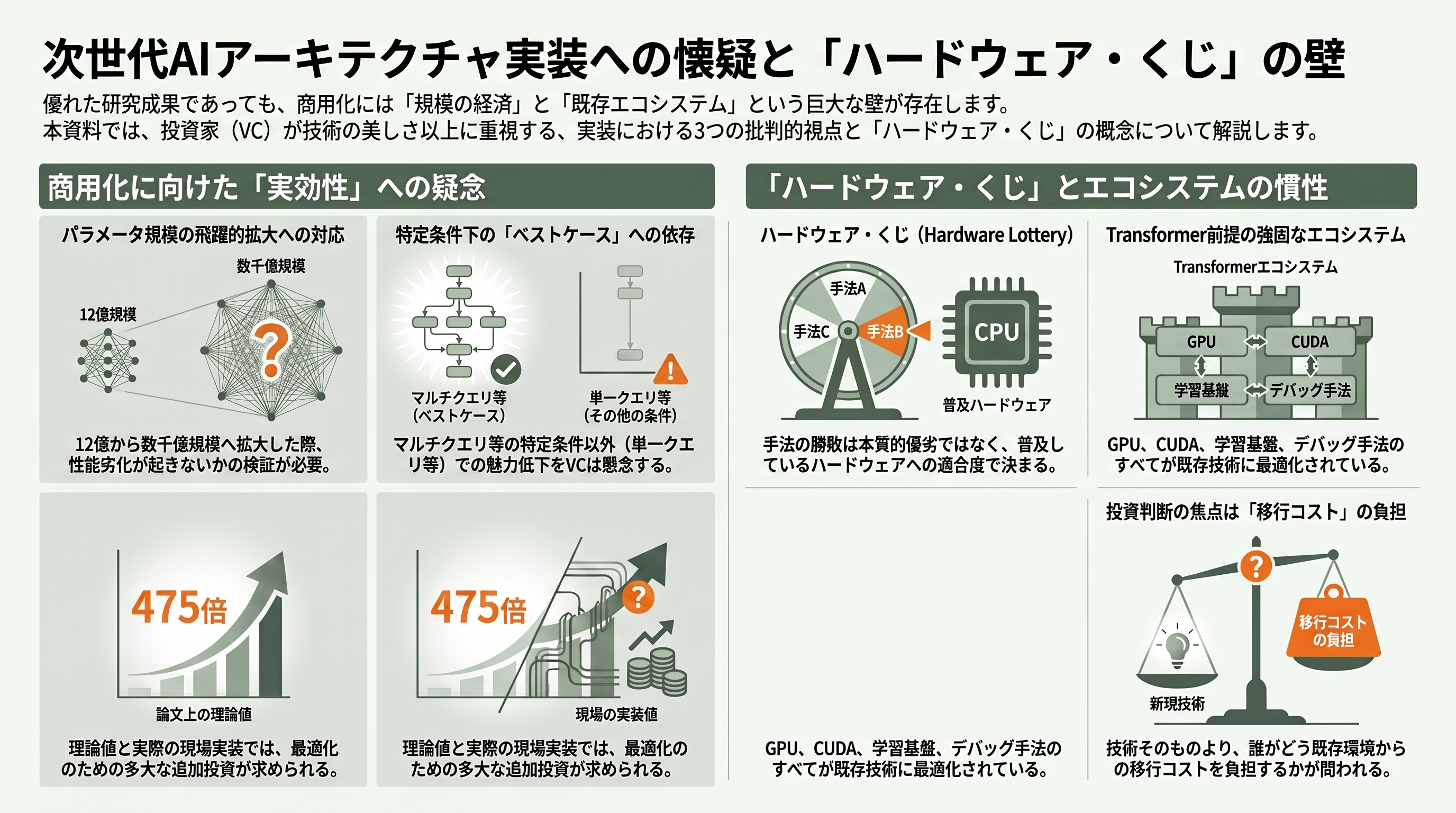 富士通、Transformerの最大475倍。GPUを効率的に扱うLLMアーキテクチャ、PHOTON発表 - VCが同時に抱くであろう懐疑——「ハードウェア・くじ」と実装の壁 - 章扉