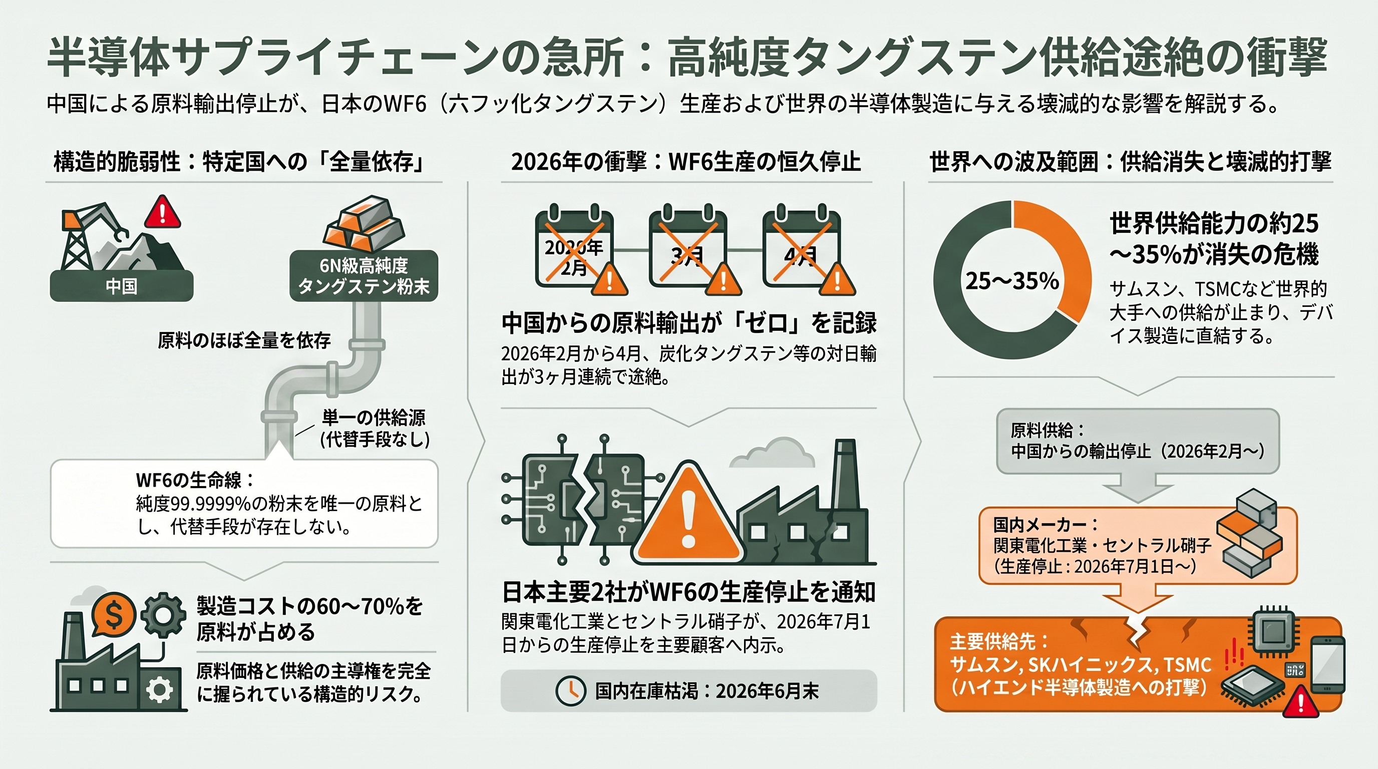 中国、日本向けに半導体材料ガス、六フッ化タングステン（WF6）の原料となるタングステン粉末の輸出を停止。関東電化工業（4047）、セントラル硝子（4044） - 何が起きたのか——「原料が来ない」ことによる生産停止 - 章扉