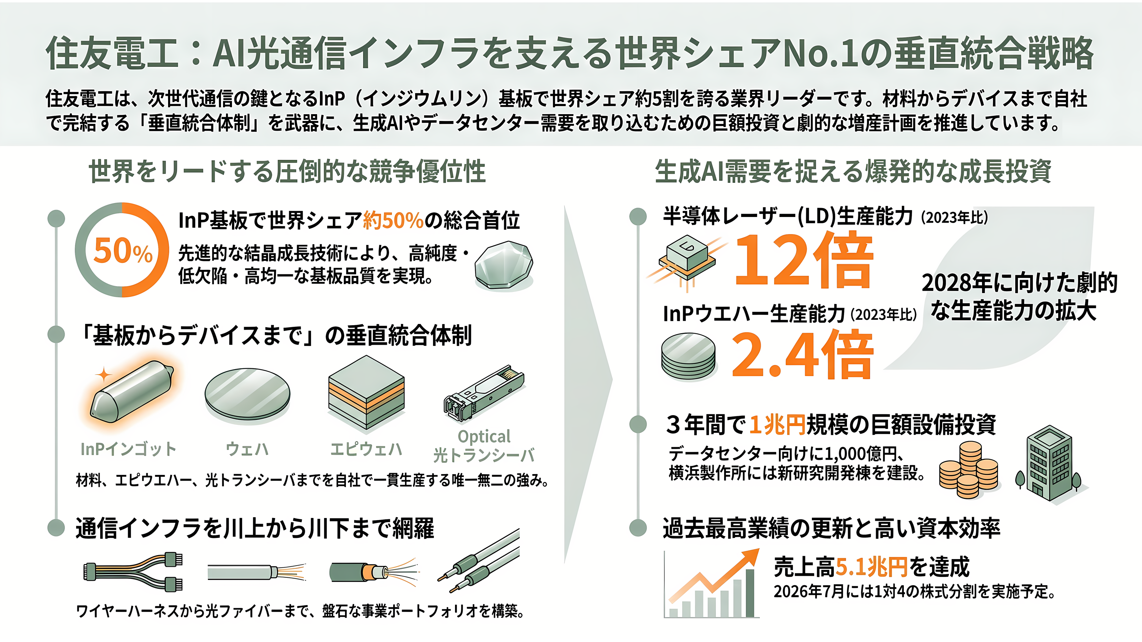 光電融合の急所、インジウムリン（InP）基板。米AXT（AXTI）、住友電工（5802）、JX金属（5016） - 住友電工（5802）——基板からデバイスまでの一貫生産 - 章扉