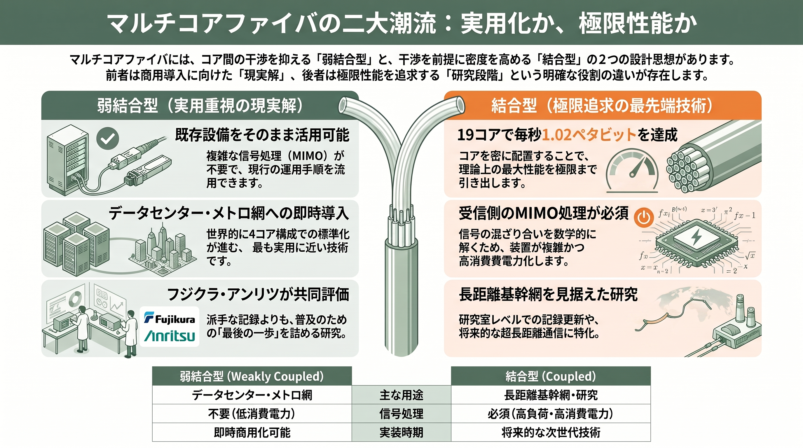 フジクラ(5803)とアンリツ(6754)が進める次世代光通信を支える弱結合型マルチコア光ファイバの研究 - 「弱結合型」と「結合型」— 二つの設計思想とMIMOの有無 - 章扉
