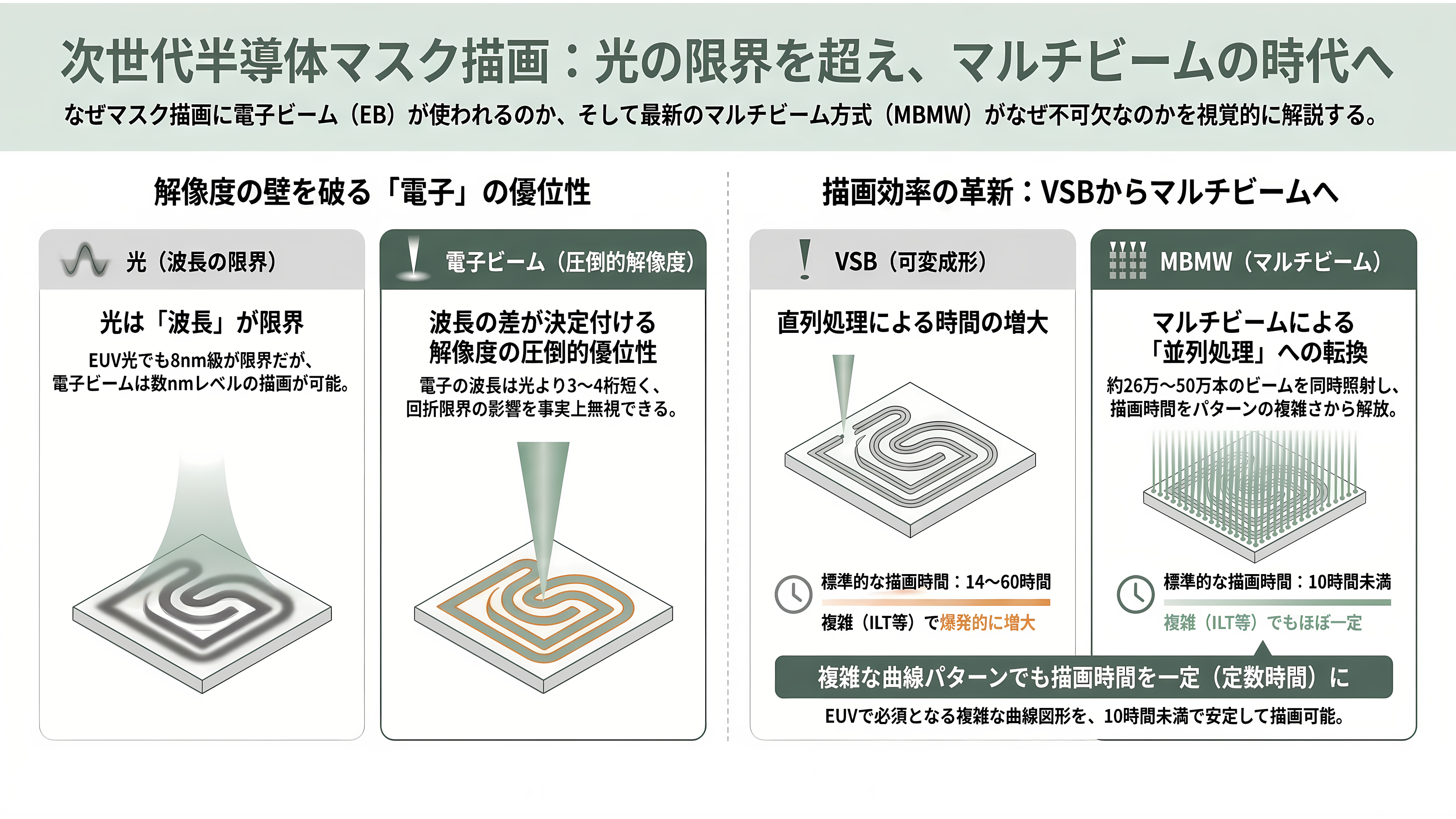 半導体製造用、電子ビームマスク描画装置。ニューフレアテクノロジー(東芝傘下・非上場)、日本電子(JEOL・6951)、エリオニクス(非上場)、クレステック(非上場) - なぜ光ではなく電子ビームなのか ― VSBからマルチビームへの進化 - 章扉