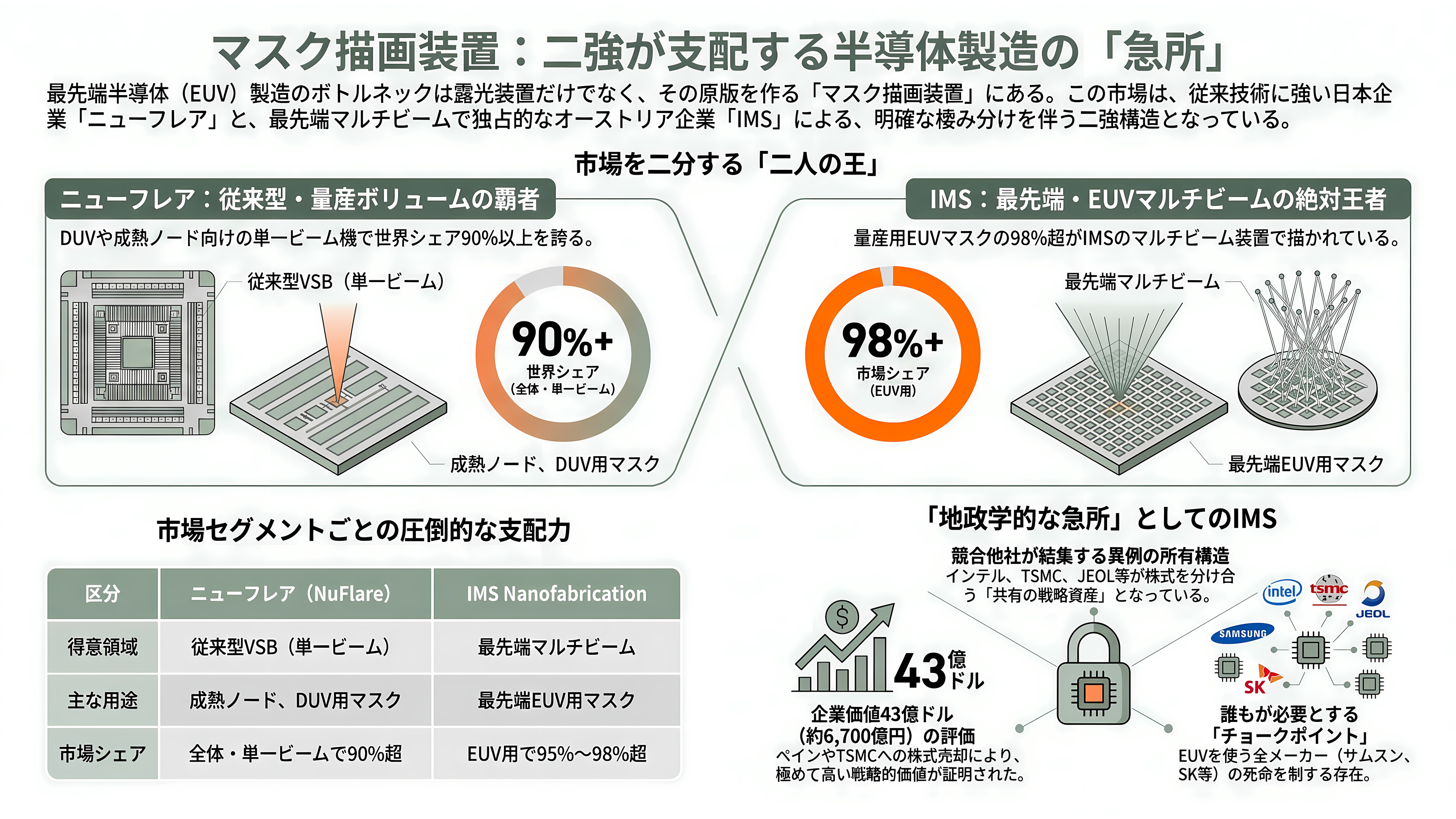 半導体製造用、電子ビームマスク描画装置。ニューフレアテクノロジー(東芝傘下・非上場)、日本電子(JEOL・6951)、エリオニクス(非上場)、クレステック(非上場) - マスク描画装置という「静かな寡占」― NuFlareとIMS、二人の王 - 章扉