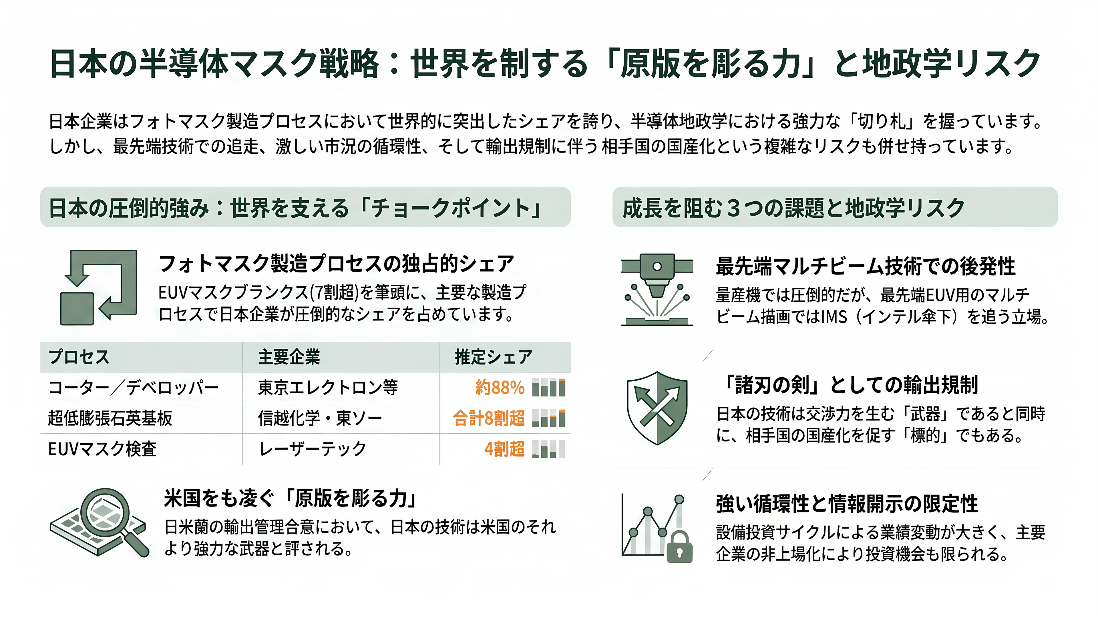 半導体製造用、電子ビームマスク描画装置。ニューフレアテクノロジー(東芝傘下・非上場)、日本電子(JEOL・6951)、エリオニクス(非上場)、クレステック(非上場) - 日本企業の強みと課題 ― 寡占の果実と地政学リスク - 章扉