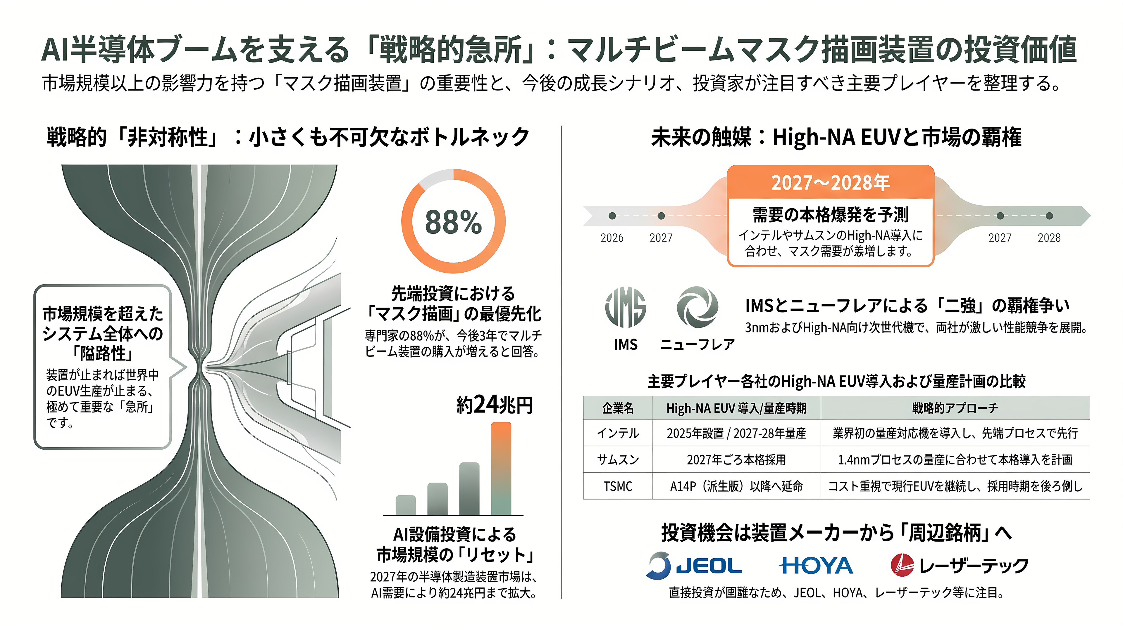 半導体製造用、電子ビームマスク描画装置。ニューフレアテクノロジー(東芝傘下・非上場)、日本電子(JEOL・6951)、エリオニクス(非上場)、クレステック(非上場) - 投資家・VCはどう見ているか、そして次に何が起きるか - 章扉