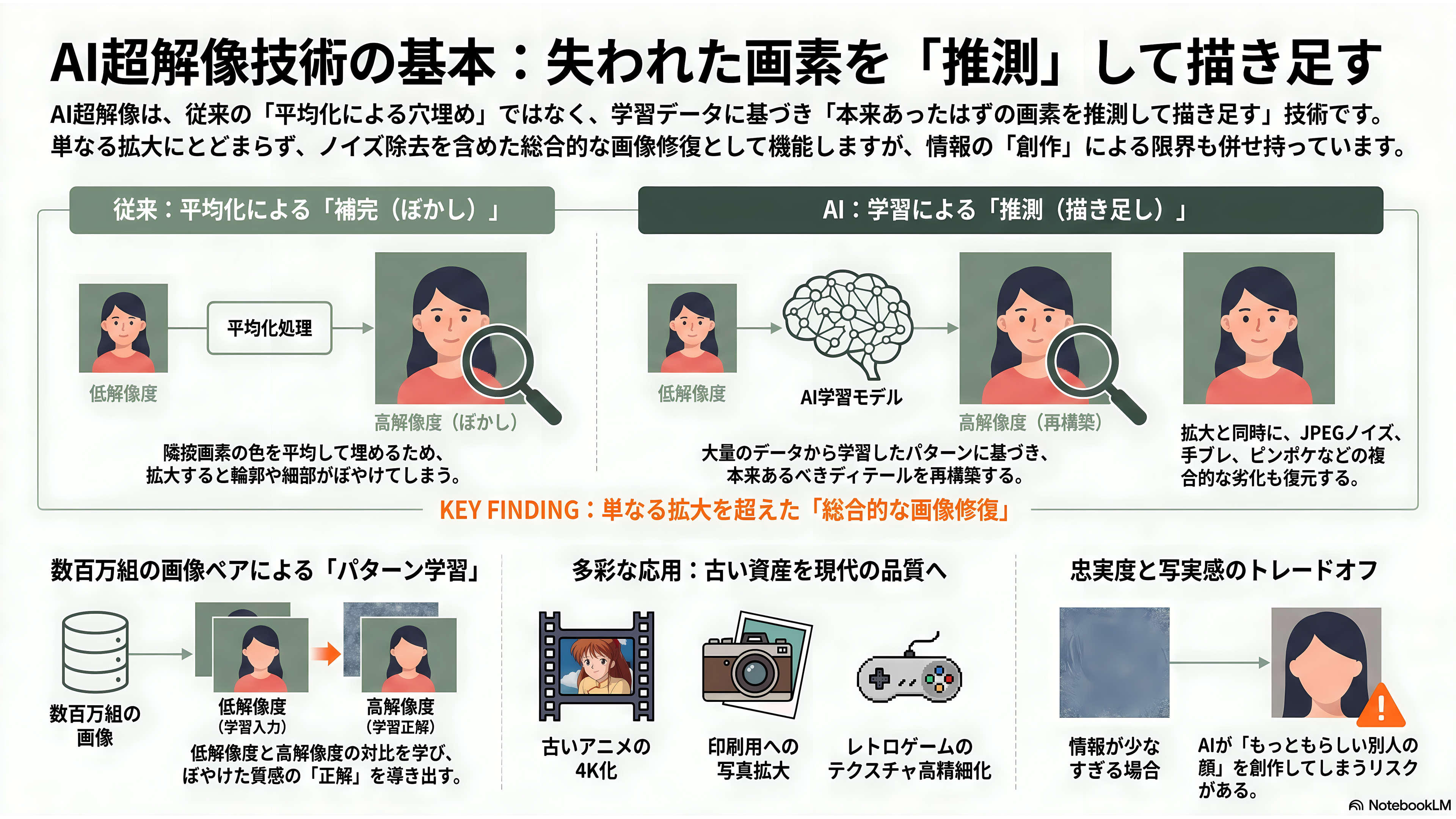 画像処理OSS、Real-ESRGAN。AI超解像度技術、アップスケーリング、ノイズ除去 - AI超解像度技術とは — 「失われた画素を推測して描き足す」技術 - 章扉