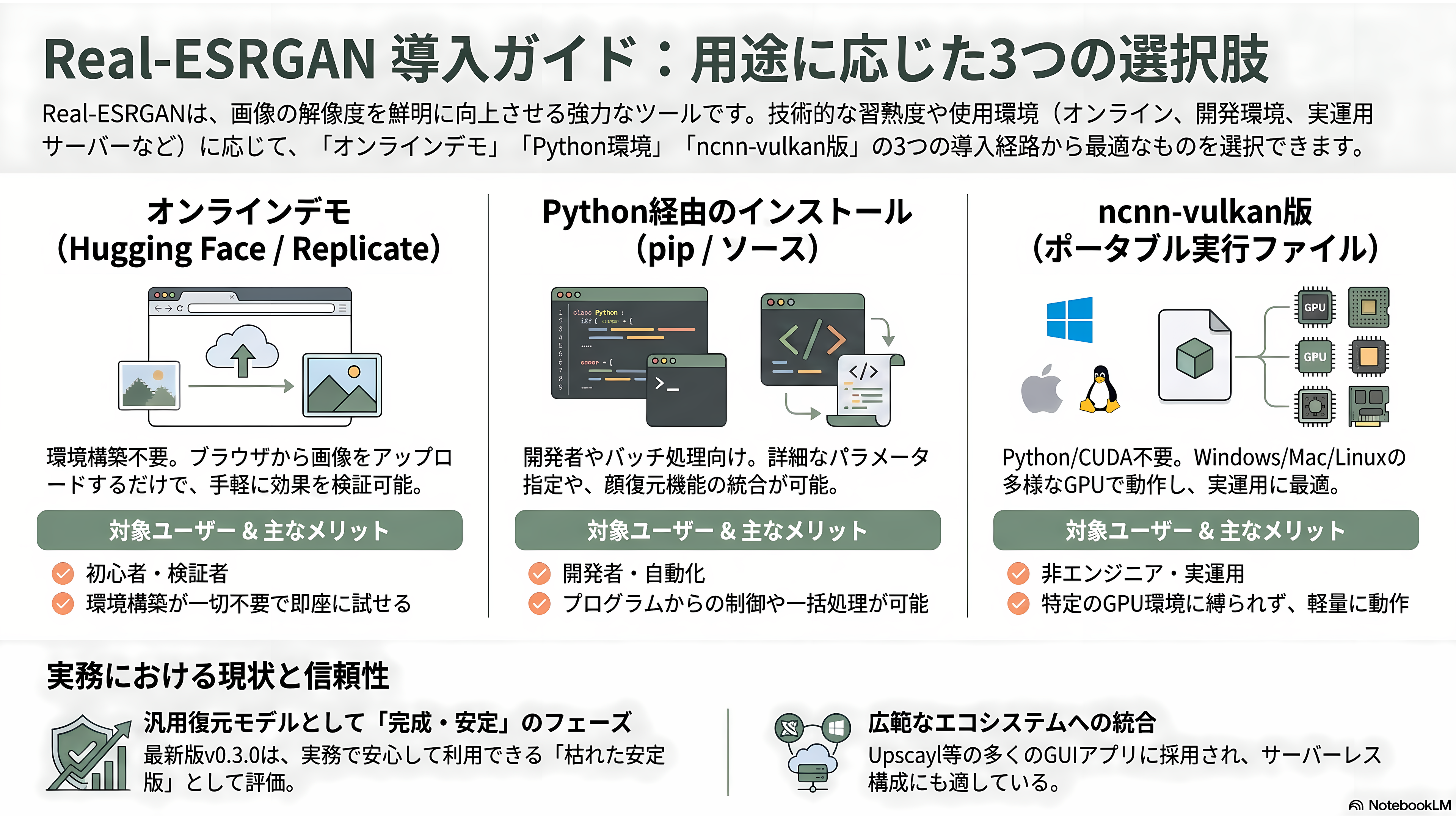 画像処理OSS、Real-ESRGAN。AI超解像度技術、アップスケーリング、ノイズ除去 - Real-ESRGANの導入方法 — 三つの入り口 - 章扉