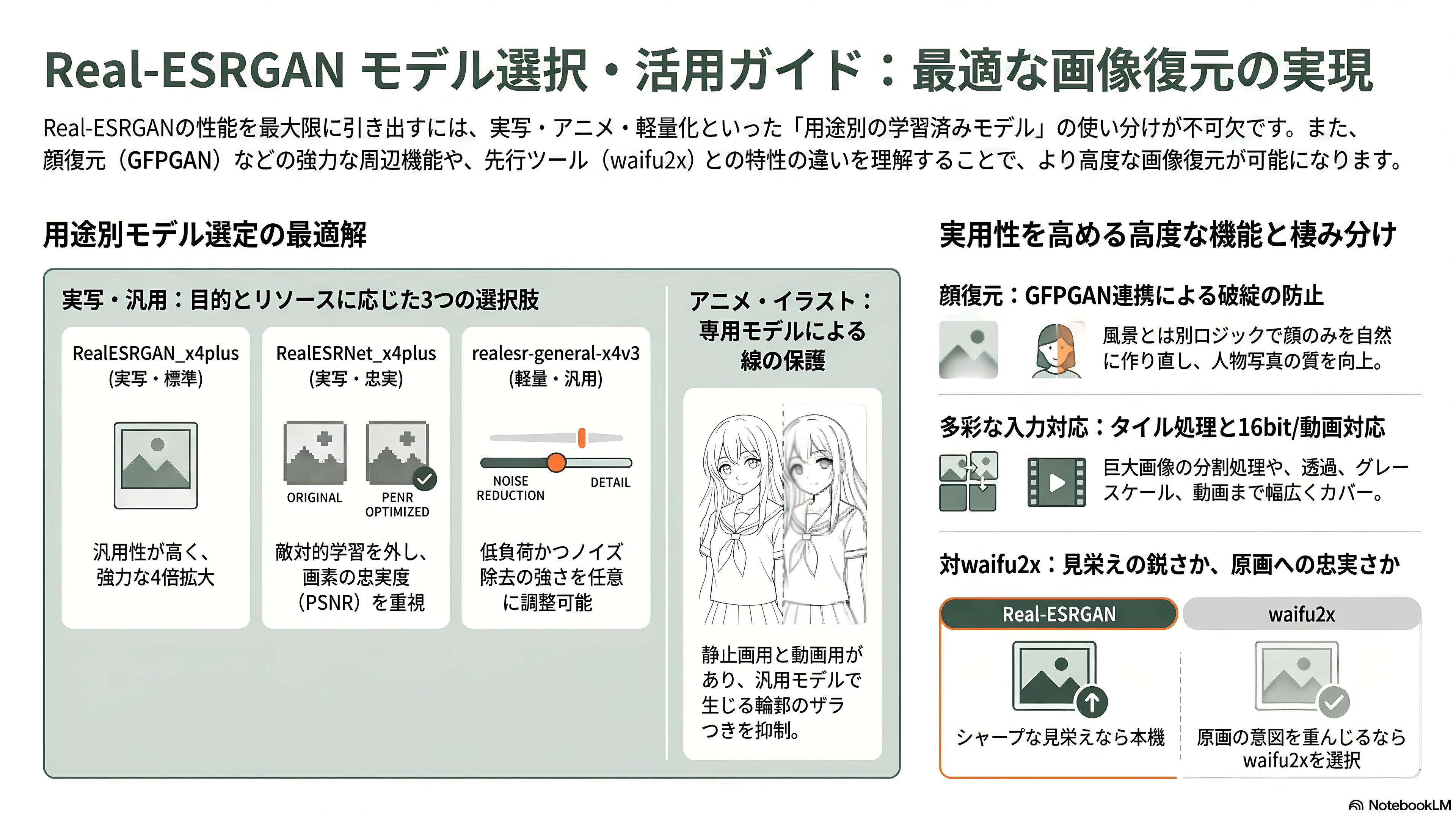 画像処理OSS、Real-ESRGAN。AI超解像度技術、アップスケーリング、ノイズ除去 - Real-ESRGANの機能詳細 — モデルの使い分けが肝 - 章扉